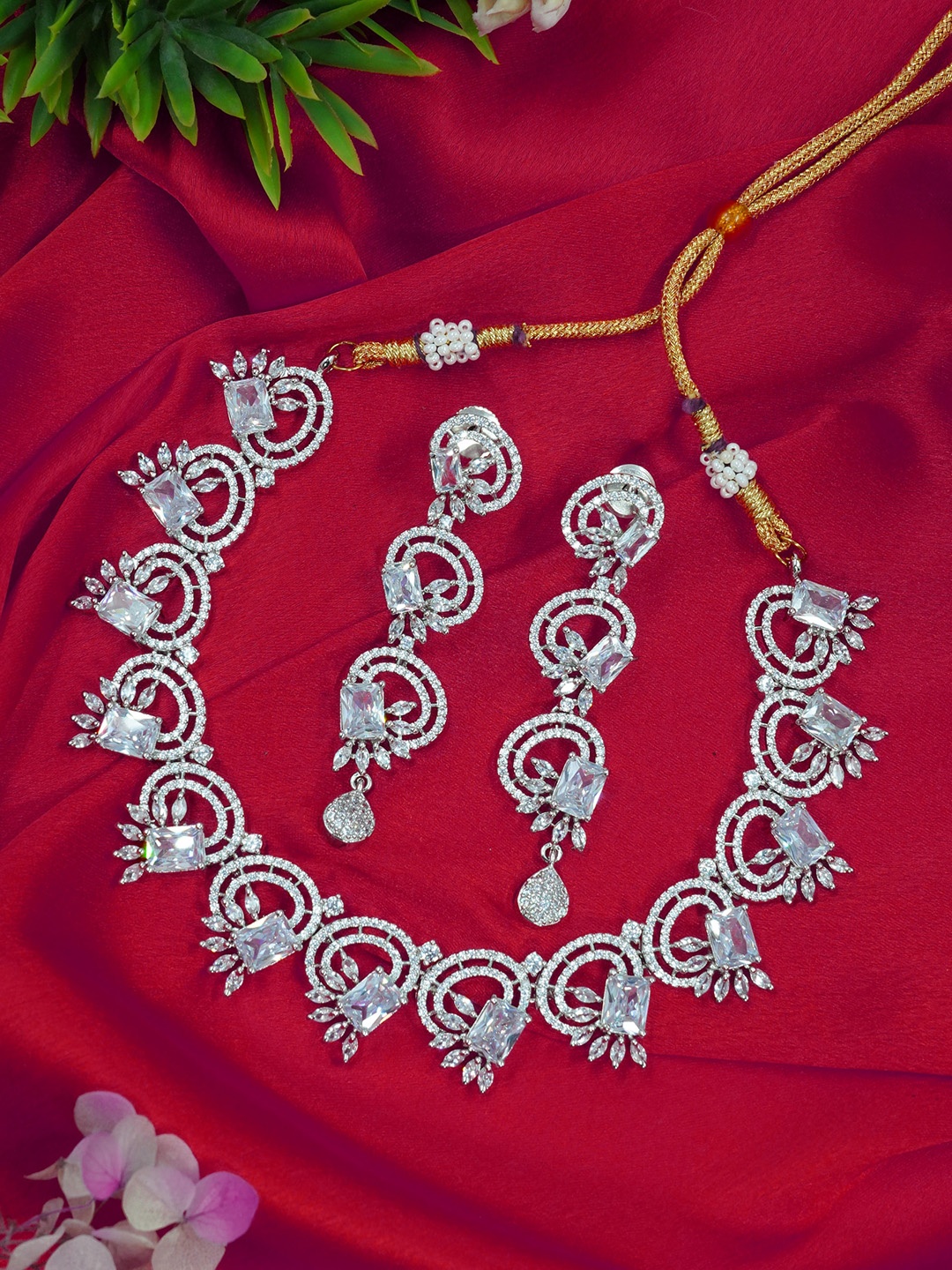 

GRIIHAM Silver & White Silver Plated CZ Studded Jewellery Set