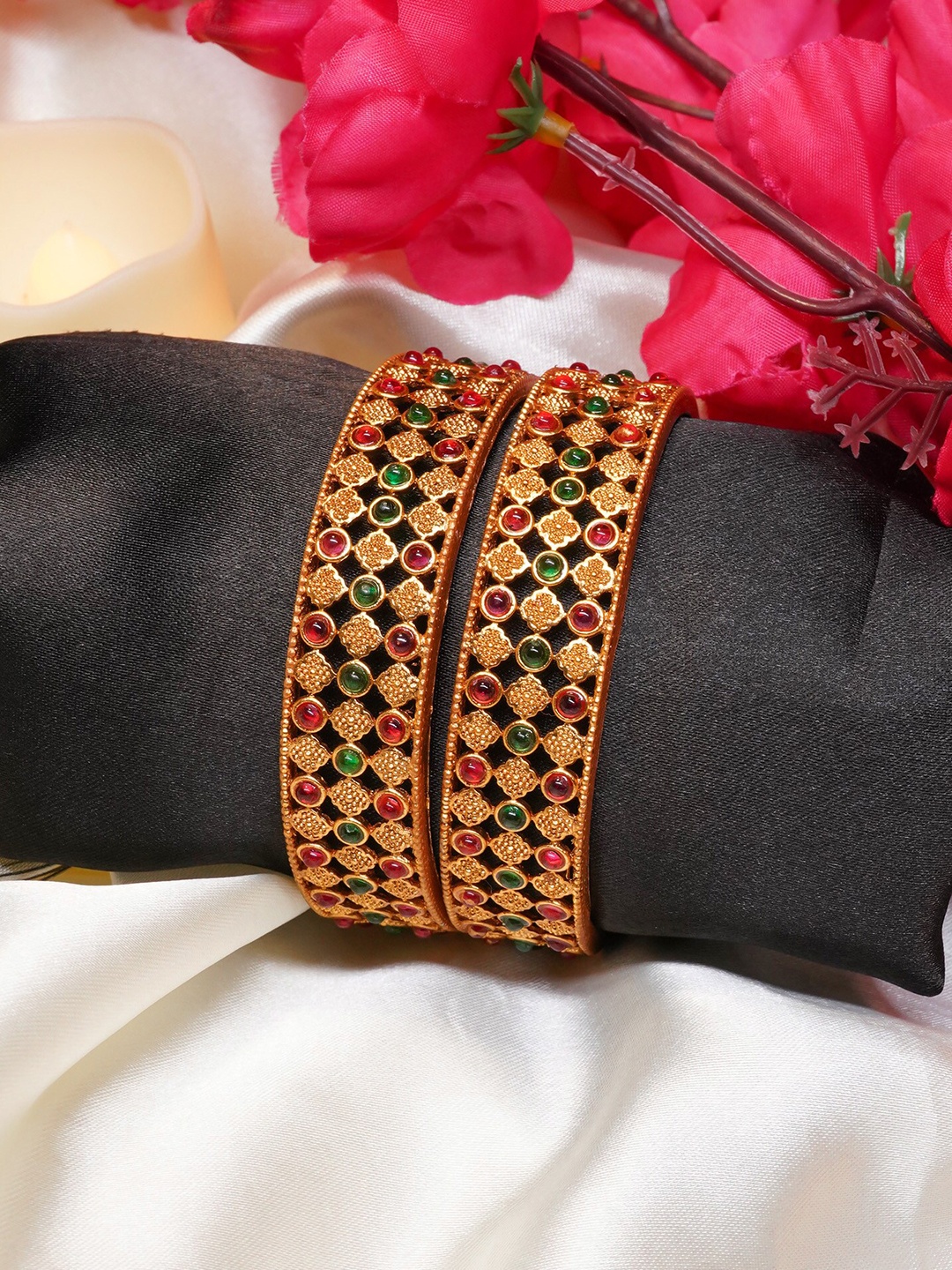 

GRIIHAM Women Set Of 2 Pink & Green Gold-Plated AD Studded Bangles