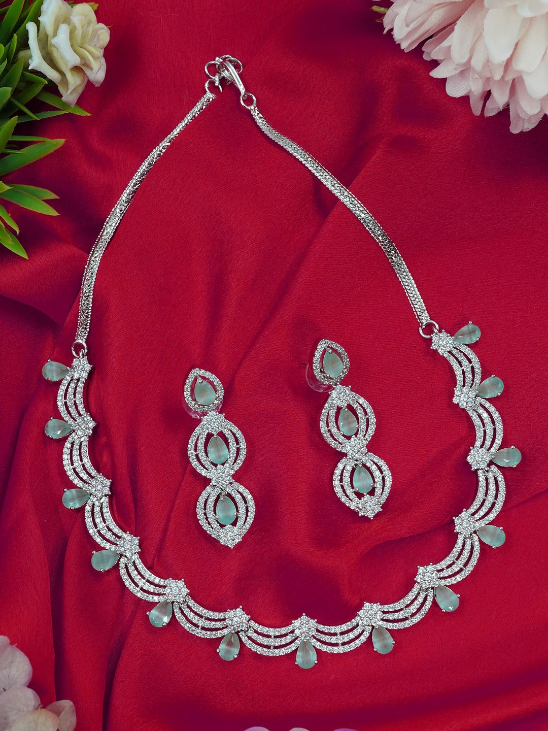 

GRIIHAM Green Silver Plated CZ-Studded Jewellery Set