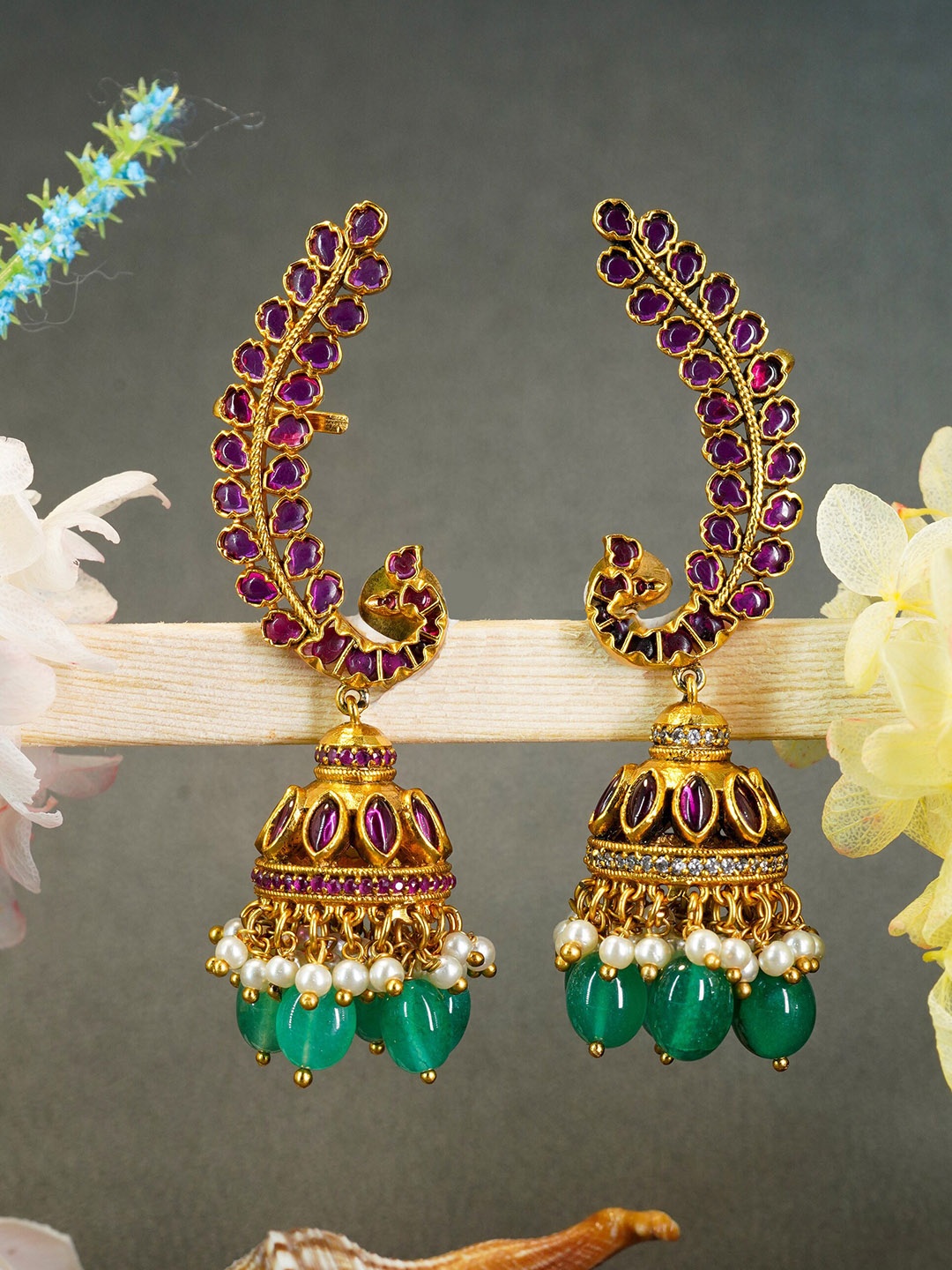 

GRIIHAM Gold & Red Gold Plated Contemporary Jhumkas Earrings