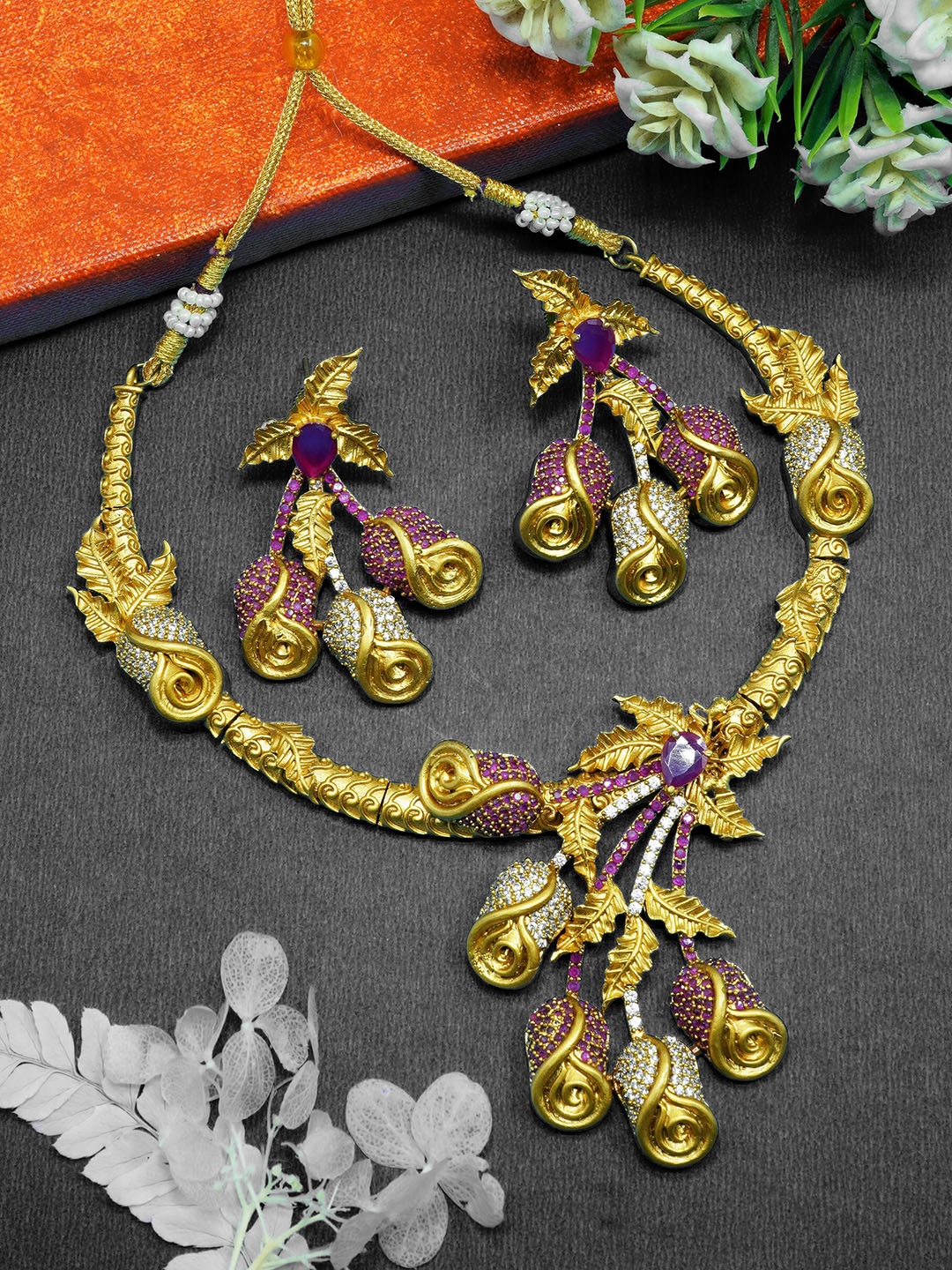 

GRIIHAM Gold & Purple Gold Plated AD Stone Studded Jewellery Set