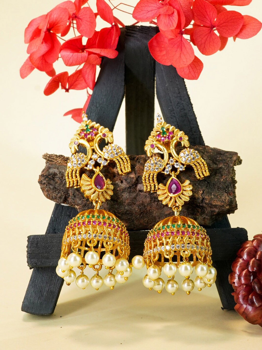 

GRIIHAM Gold & Red Gold Plated Contemporary Jhumkas Earrings