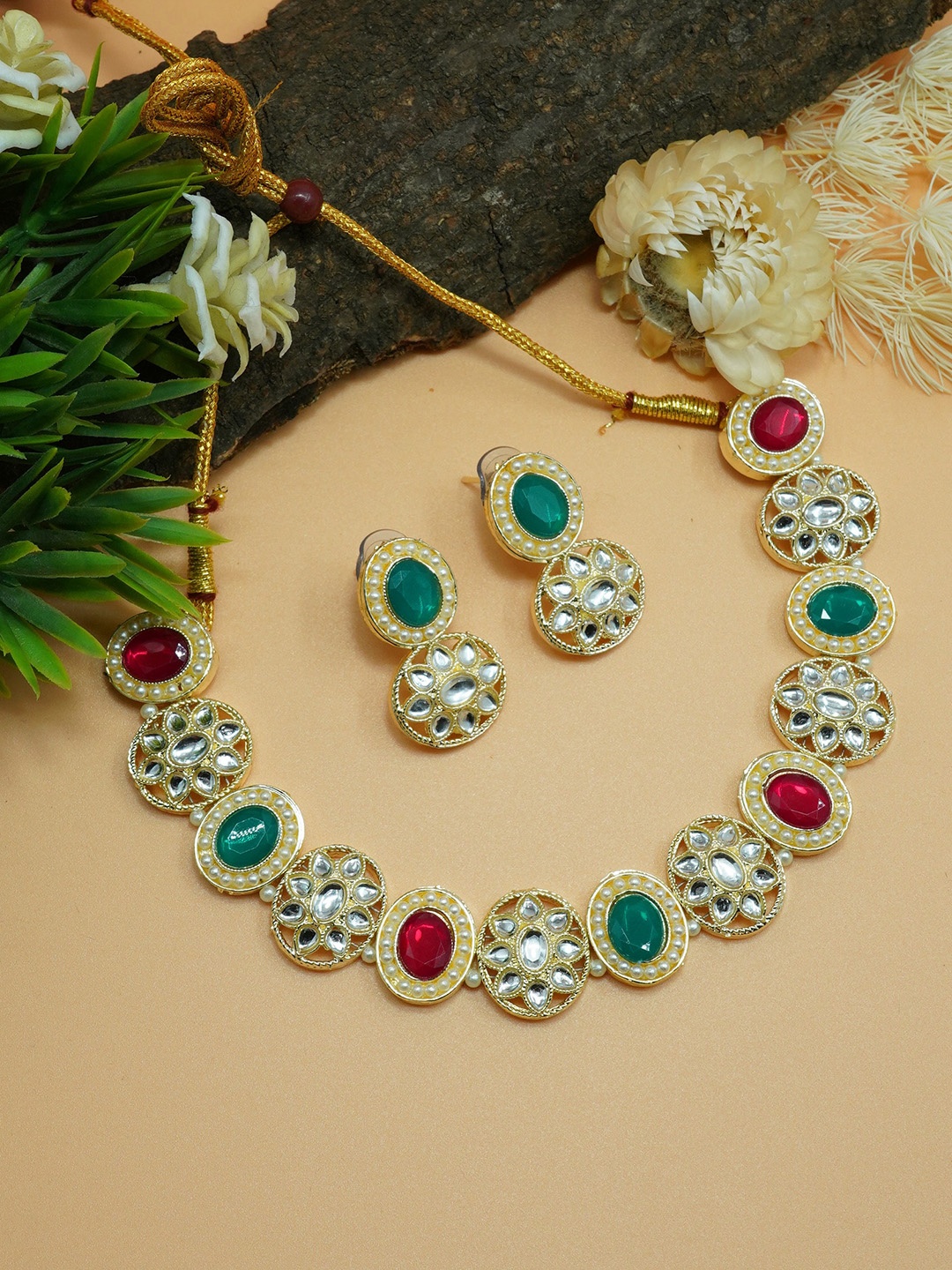 

GRIIHAM Gold & Red AD Gold Plated Stones Studded Jewellery Set