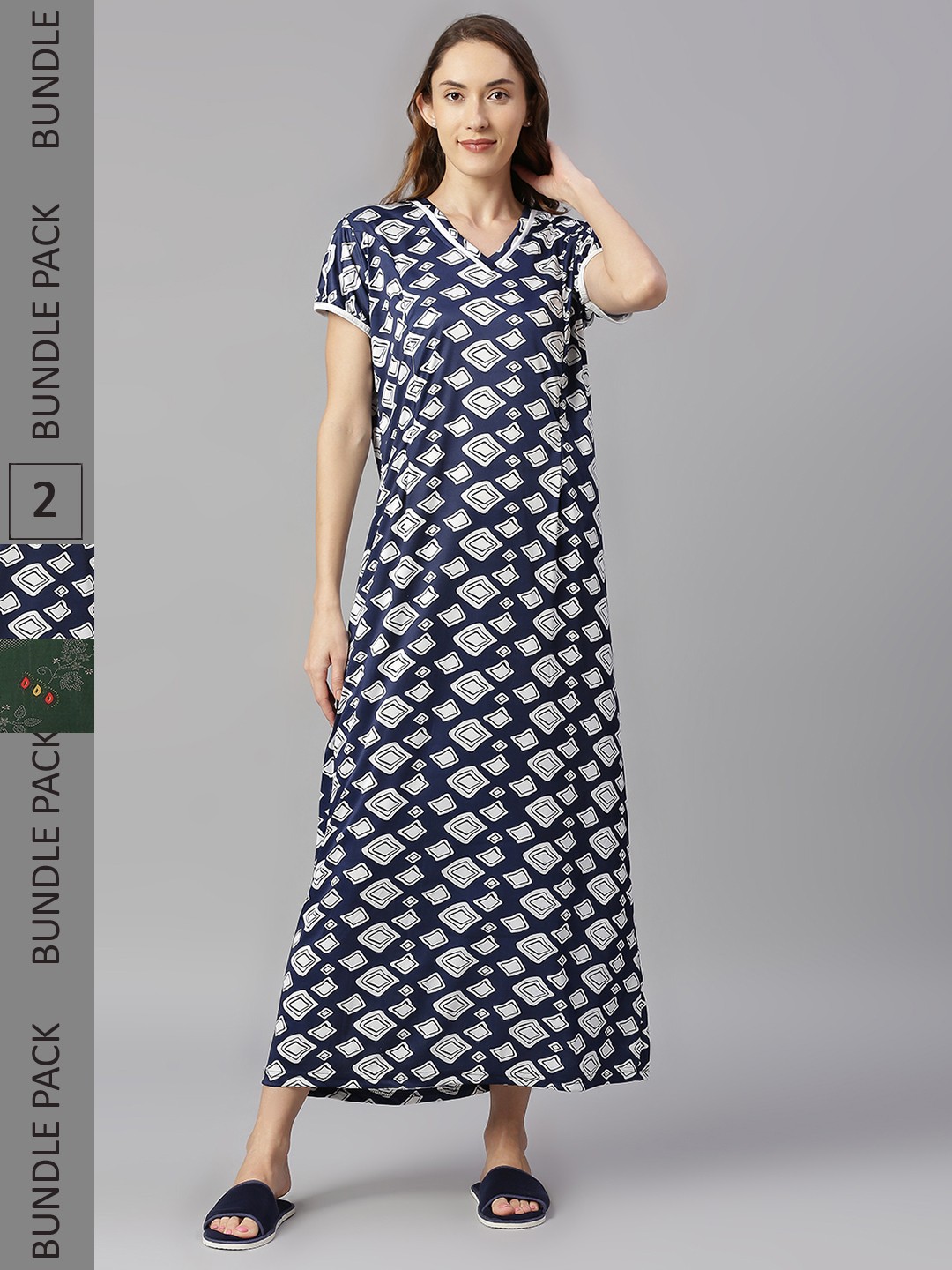 

Pretty Awesome Women Pack Of 2 Blue Printed Maxi Nightdress