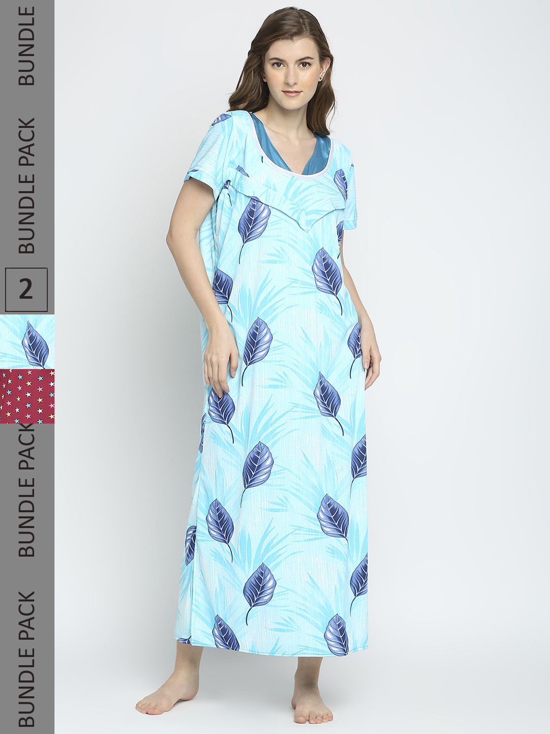

Pretty Awesome Women Pack Of 2 Blue Printed Maxi Nightdress