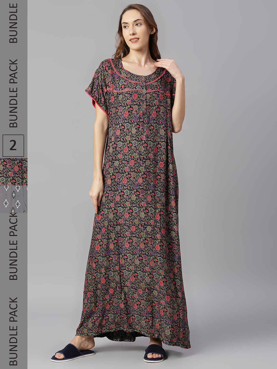 

Pretty Awesome Women Pack Of 2 Grey Printed Maxi Nightdress