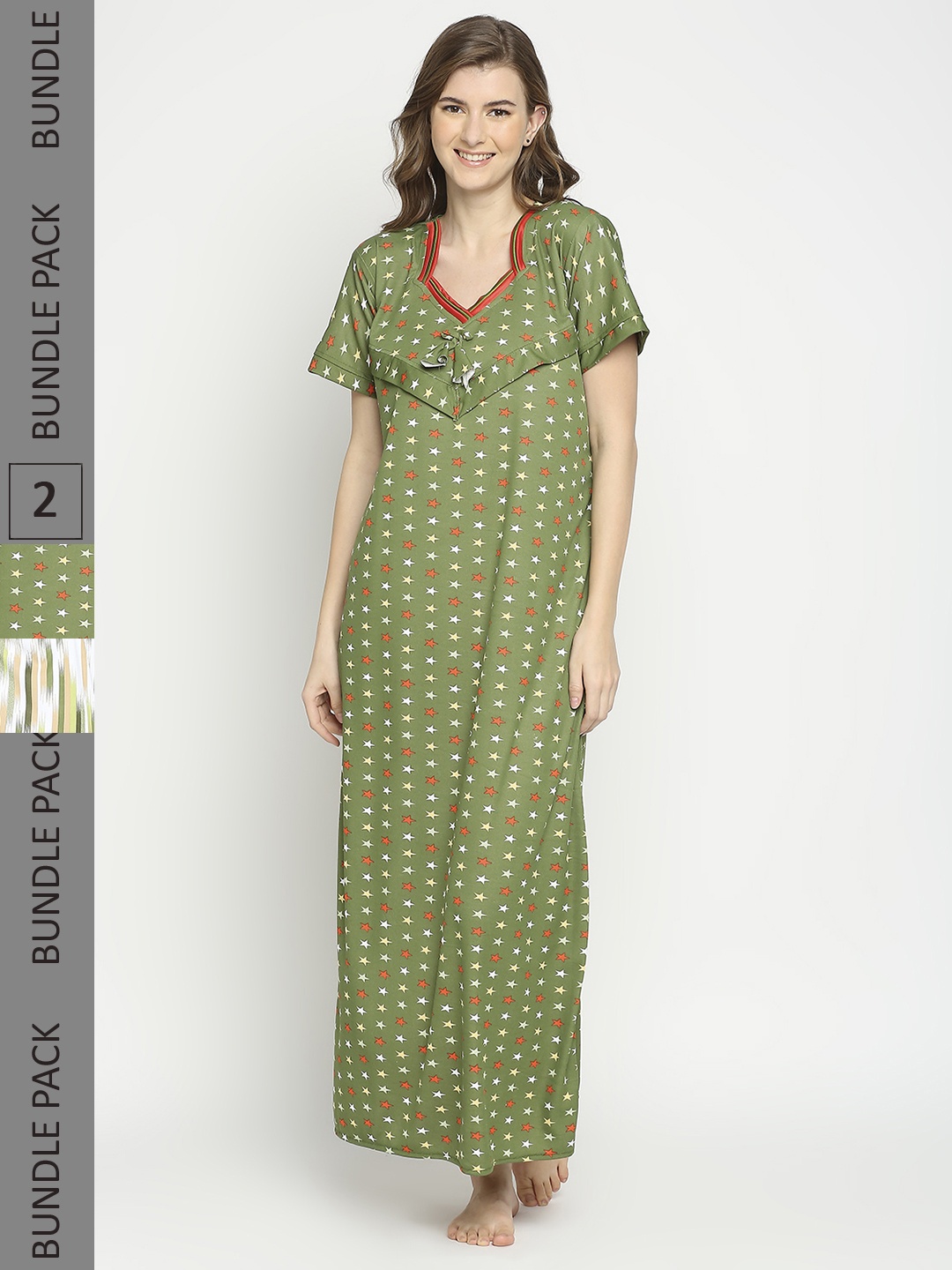 

Pretty Awesome Women Pack Of 2 Green Printed Maxi Nightdress
