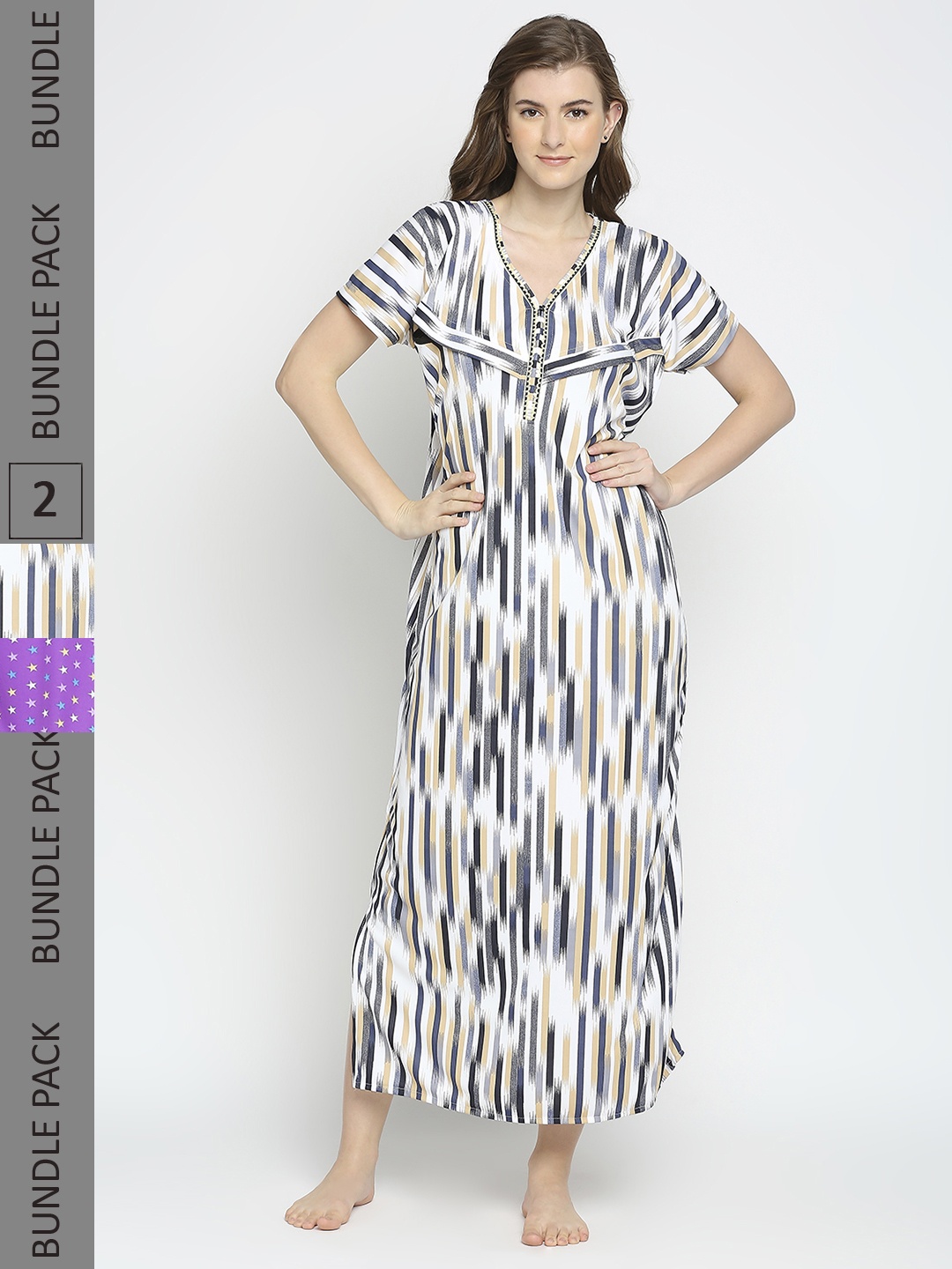 

Pretty Awesome Women Pack Of 2 Purple Printed Maxi Nightdress