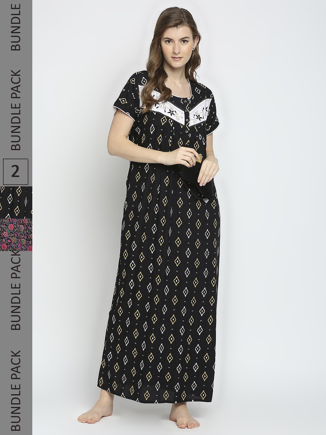 

Pretty Awesome Women Pack Of 2 Black Printed Maxi Nightdress