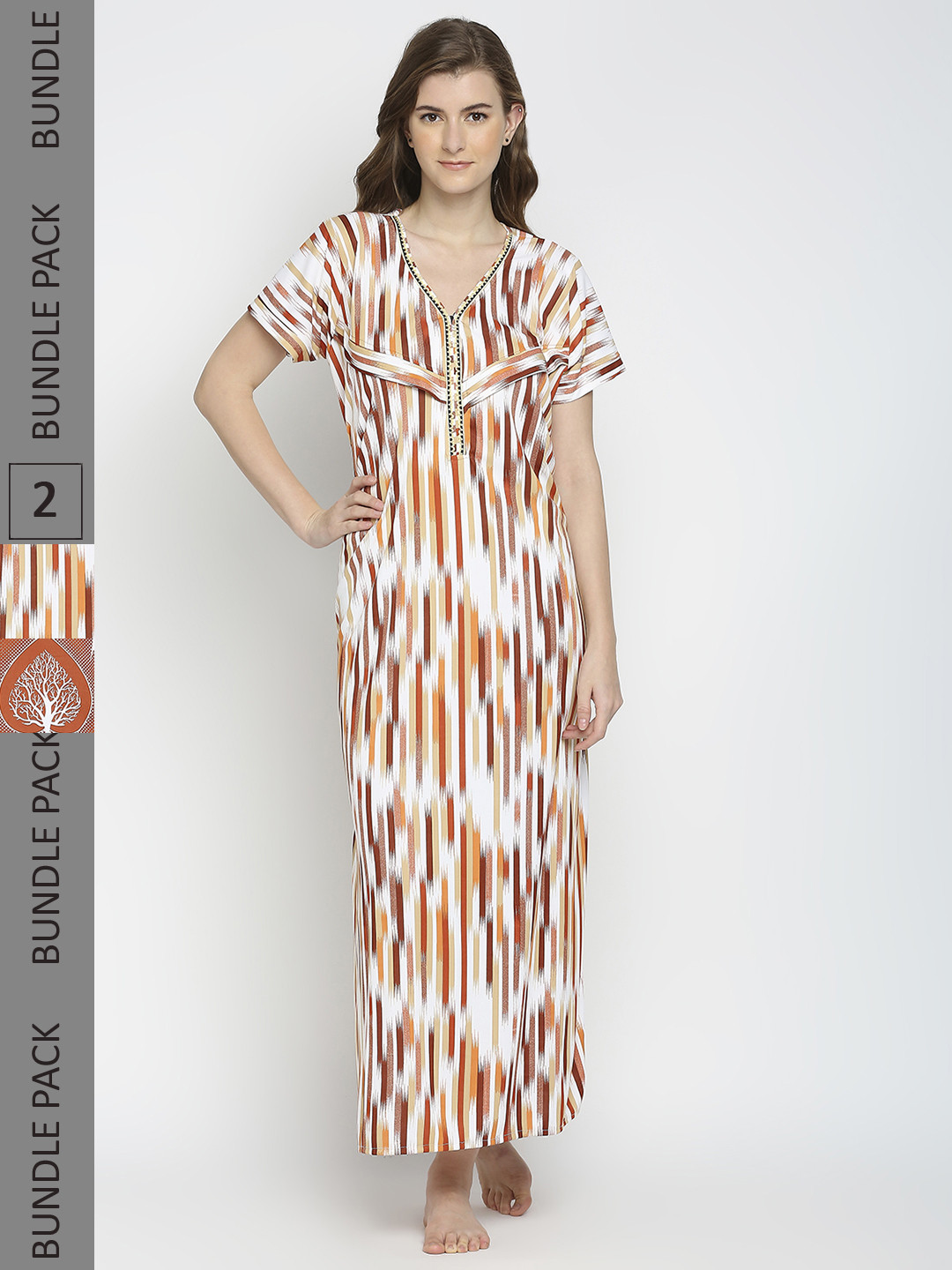 

Pretty Awesome Women Pack Of 2 Orange Printed Maxi Nightdress