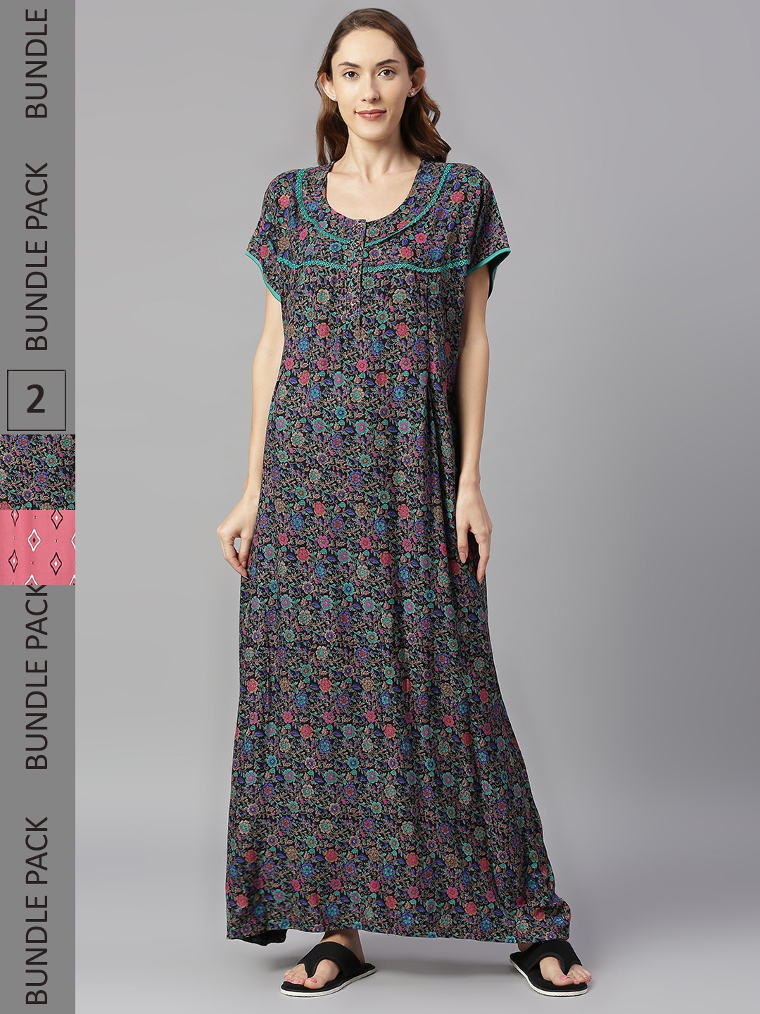 

Pretty Awesome Women Pack Of 2 Pink Printed Maxi Maternity Nightdress