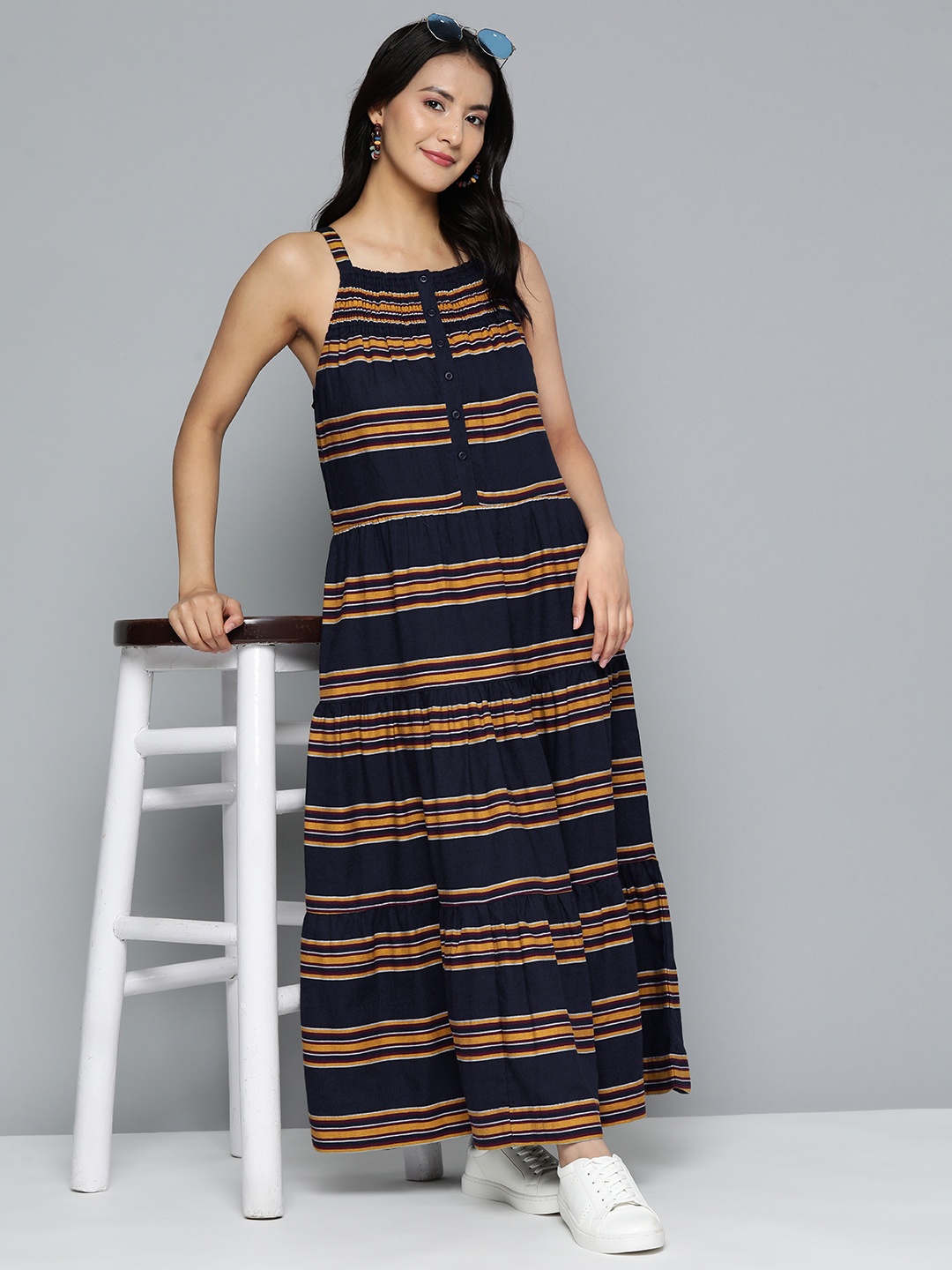 

HERE&NOW Navy Blue & Mustard Yellow Striped Pure Cotton Tiered A-Line Midi Dress