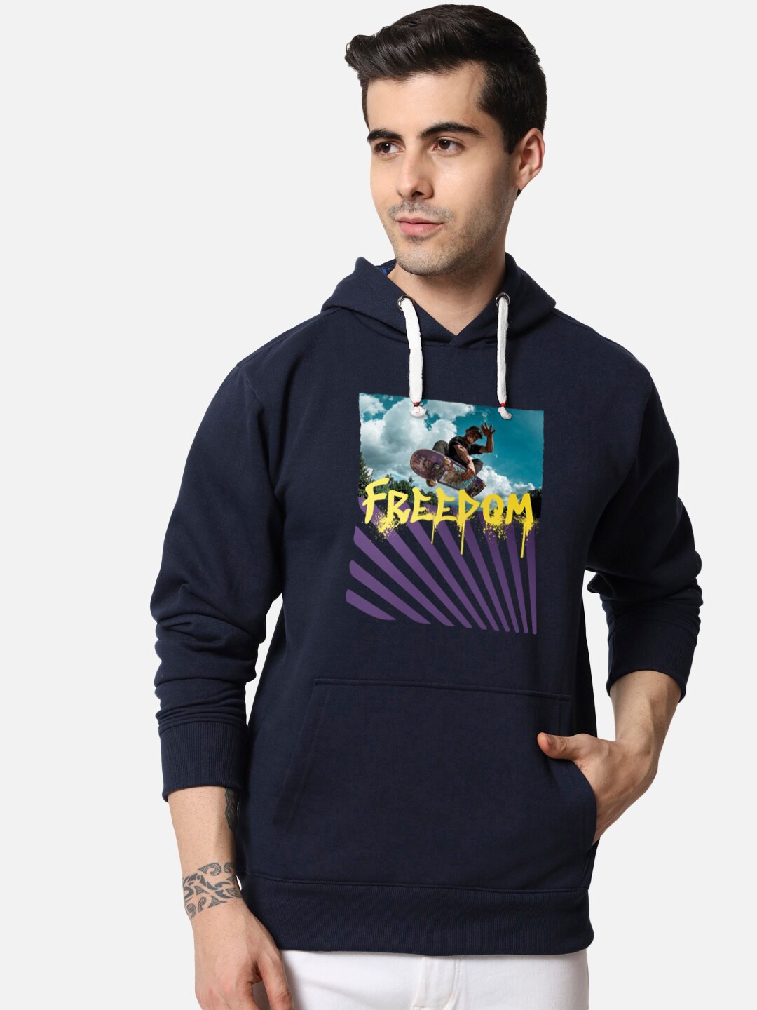 

FFLIRTYGO Men Blue Printed Hooded Fleece Sweatshirt