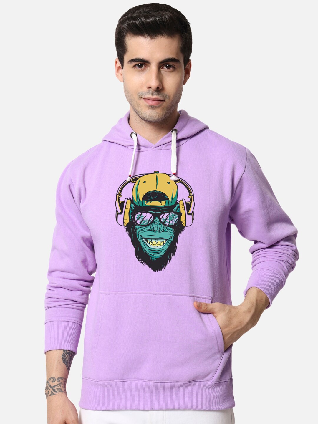 

FFLIRTYGO Men Purple Printed Hooded Fleece Sweatshirt