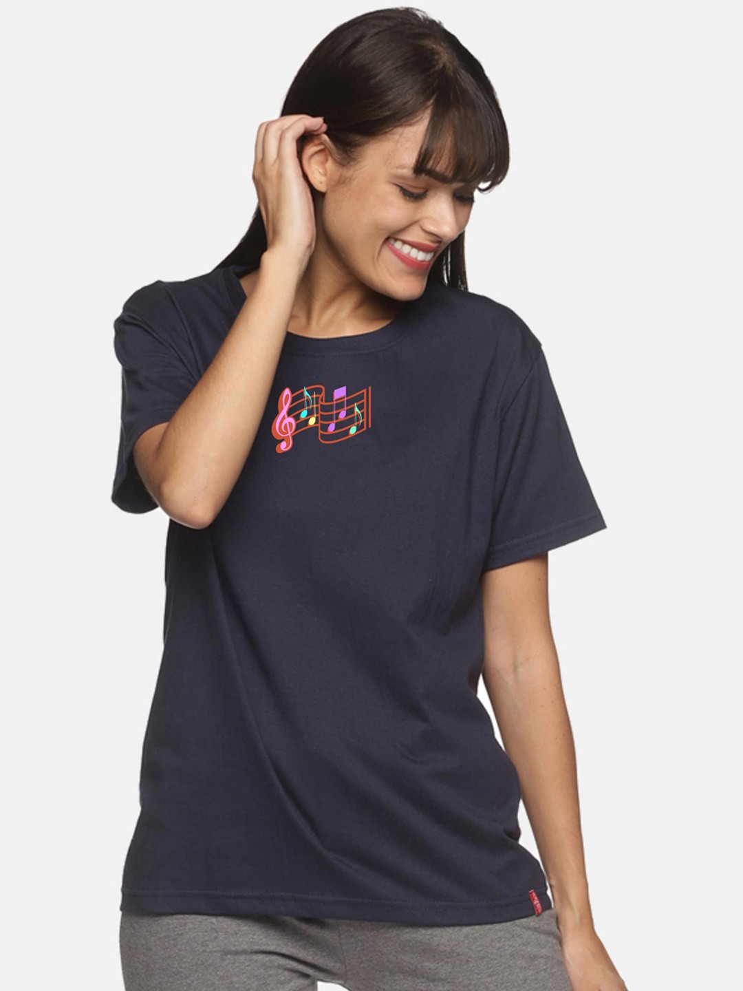 

NOT YET by us Women Navy Blue Printed Cotton Lounge T-shirt