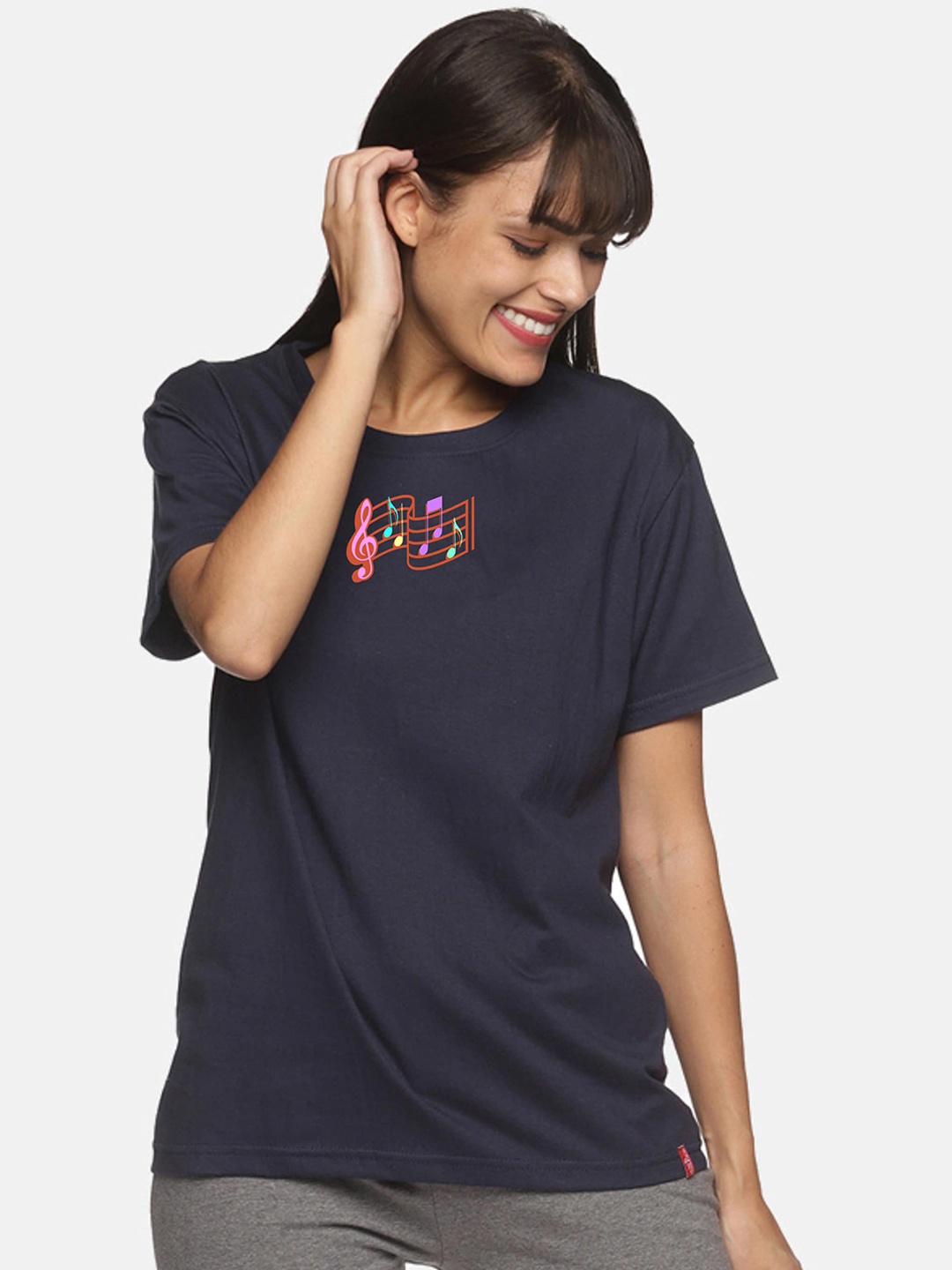 

NOT YET by us Women Navy Blue Printed Cotton Lounge T-shirt