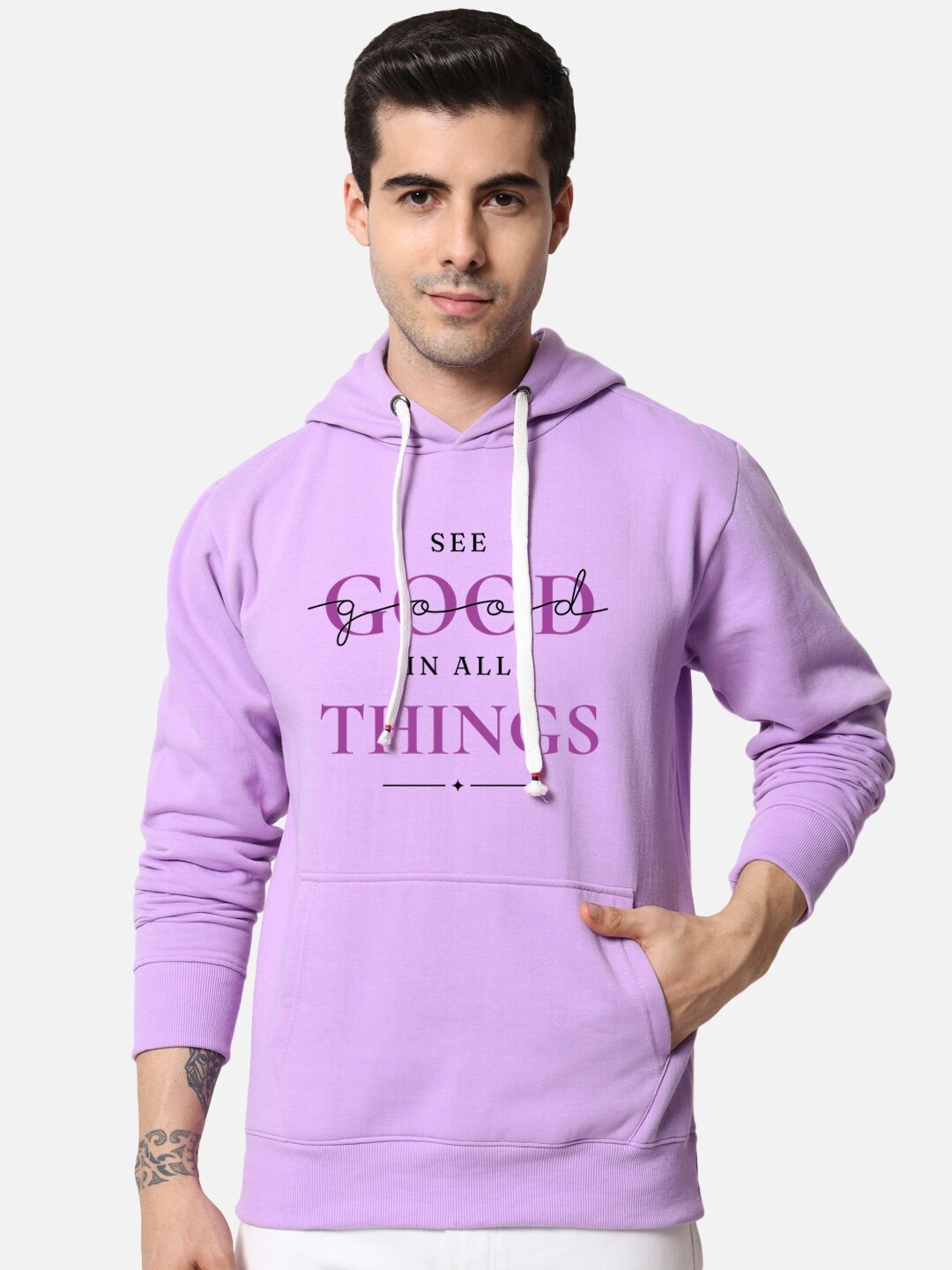 

FFLIRTYGO Men Purple Printed Hooded Fleece Sweatshirt
