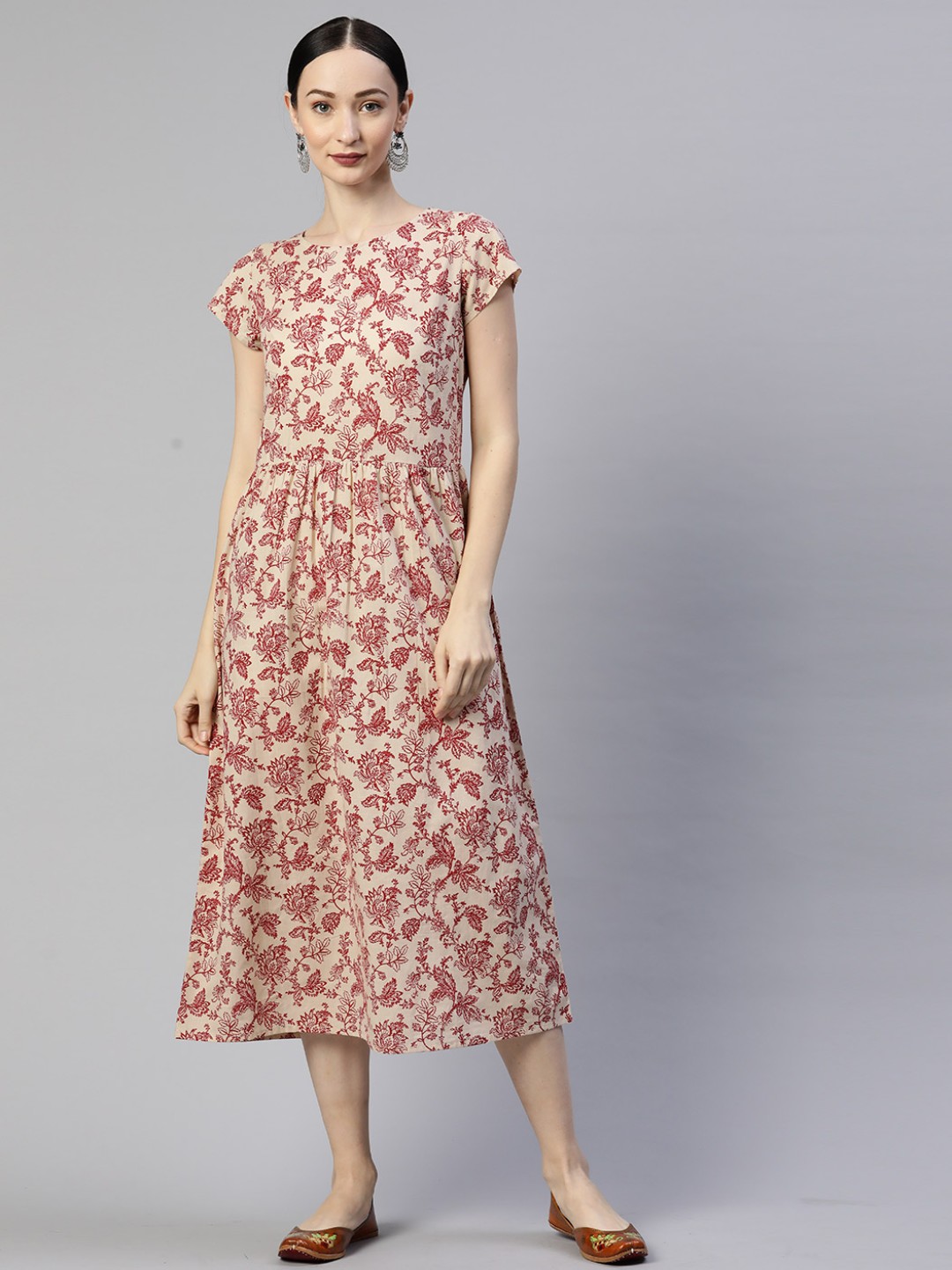 

Popnetic Women Beige & Pink Pure Cotton Floral Print A-Line Ethnic Dress
