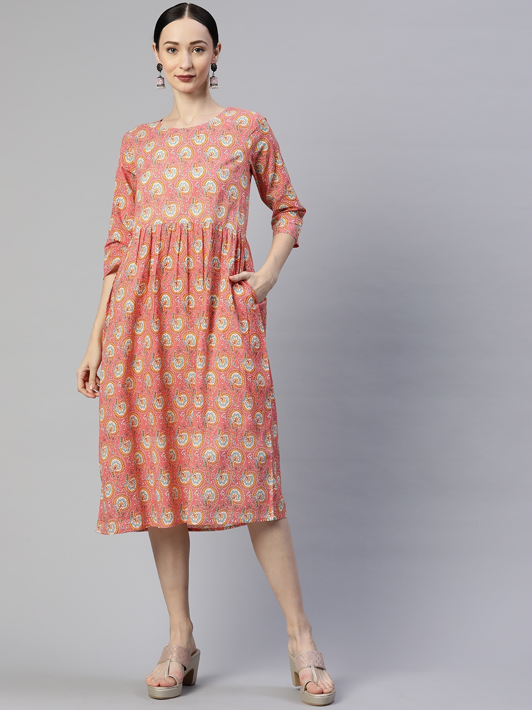 

Popnetic Women Peach-Colored & Off-White Cotton Ethnic Motif Print A-Line Ethnic Dress, Pink