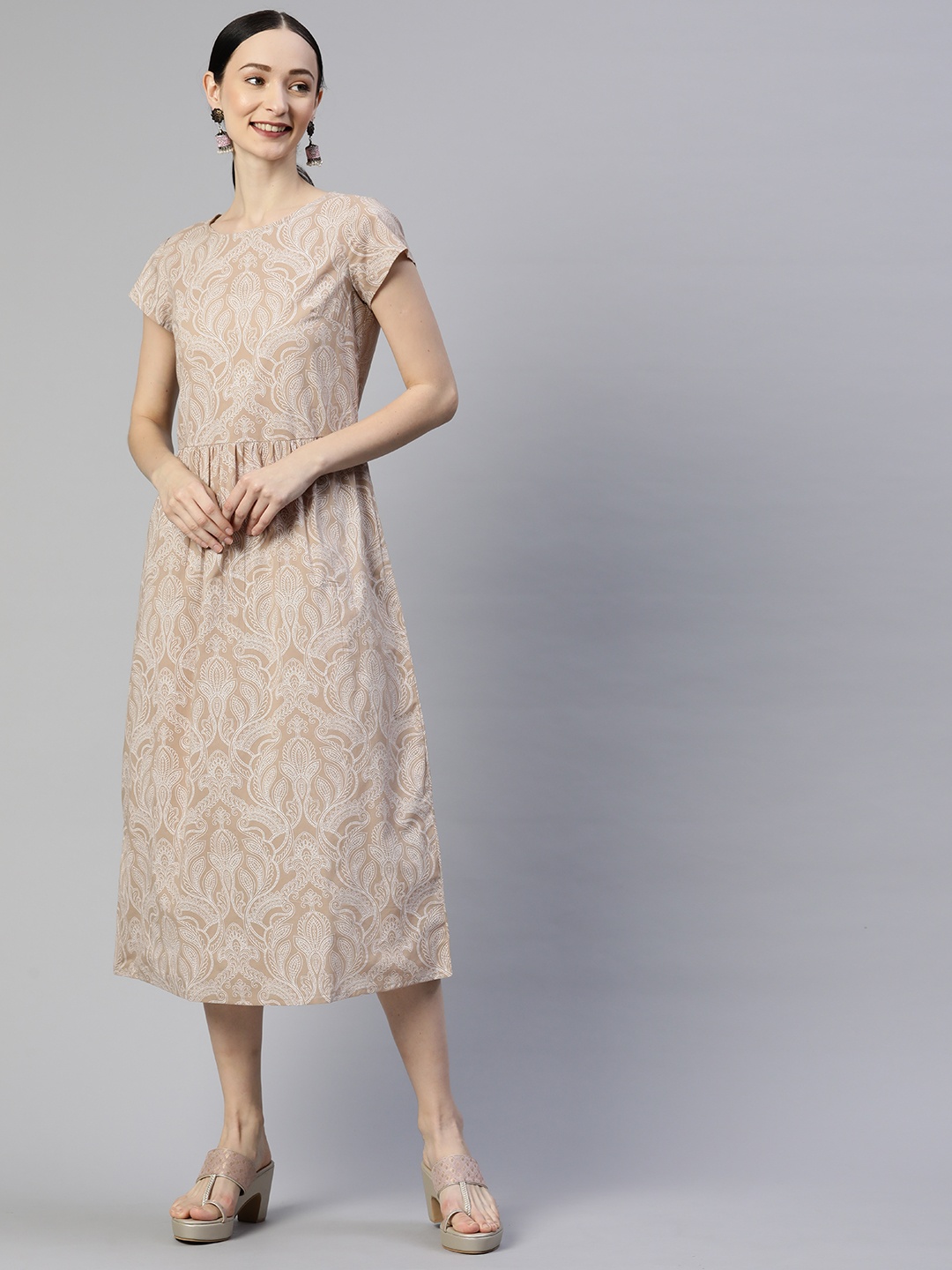 

Popnetic Beige & White Ethnic Motifs Print A-Line Midi Dress