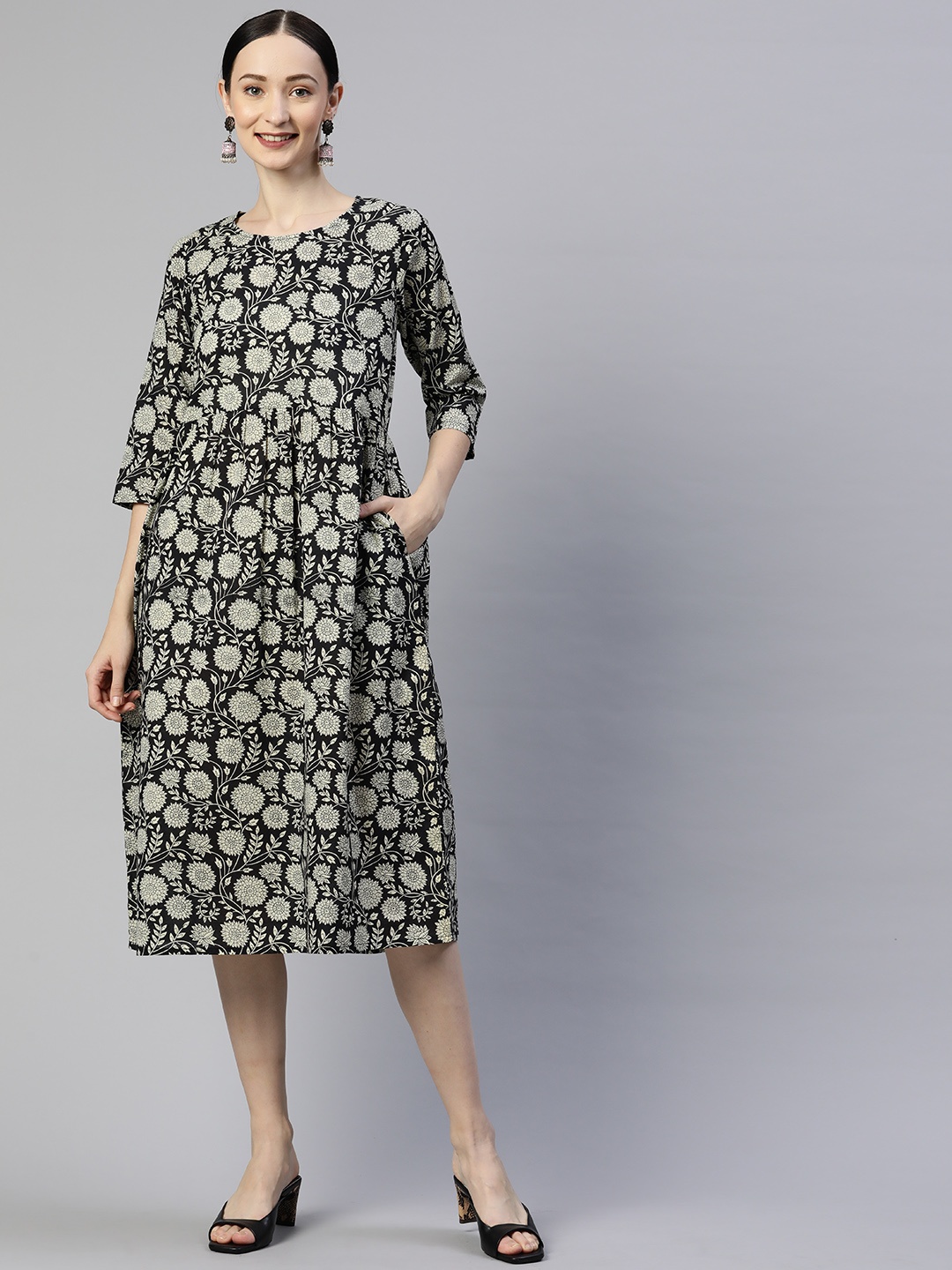 

Popnetic Black & White Floral Print A-Line Midi Dress