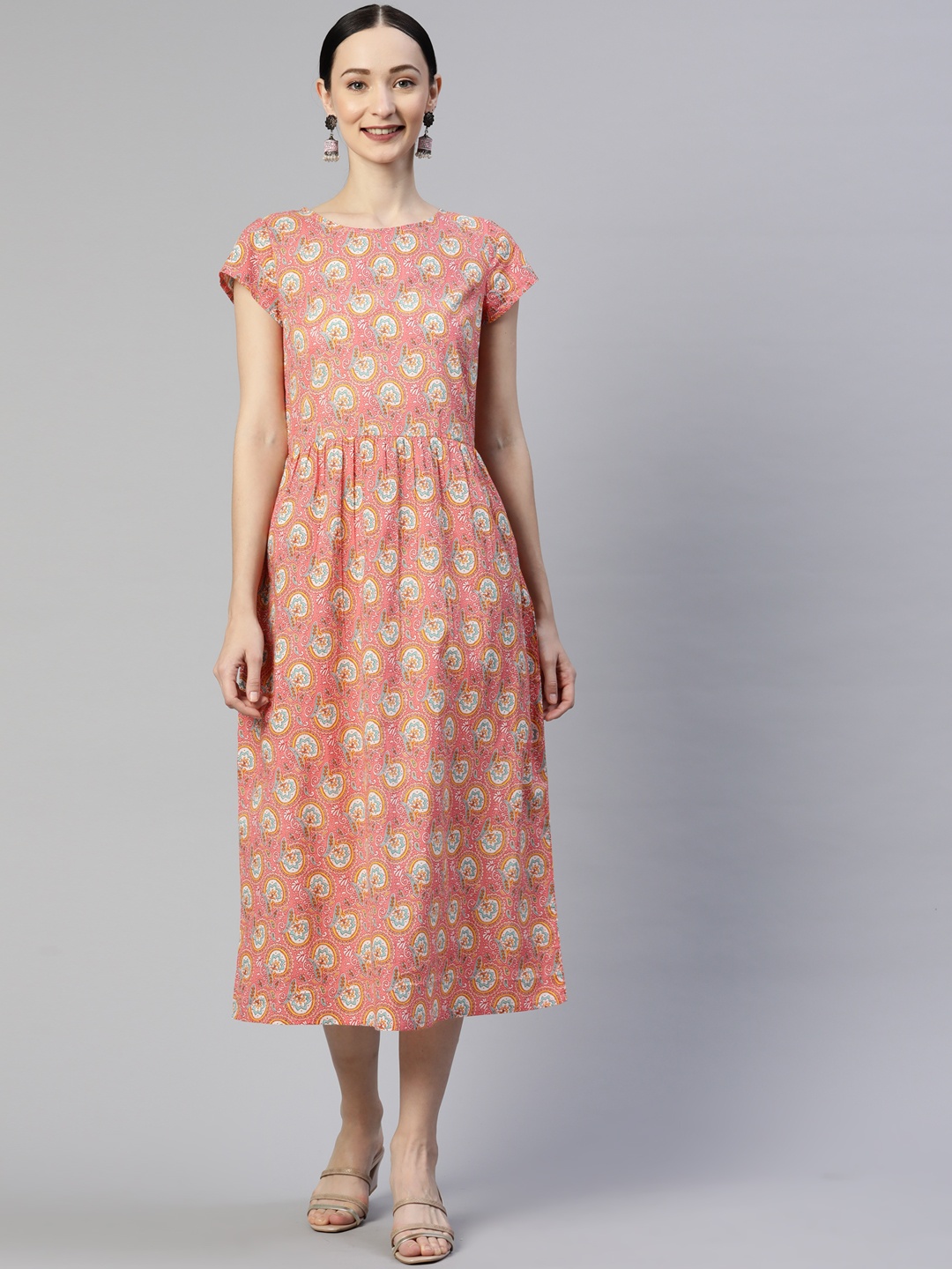 

Popnetic Pink & White Ethnic Motifs Print A-Line Midi Dress