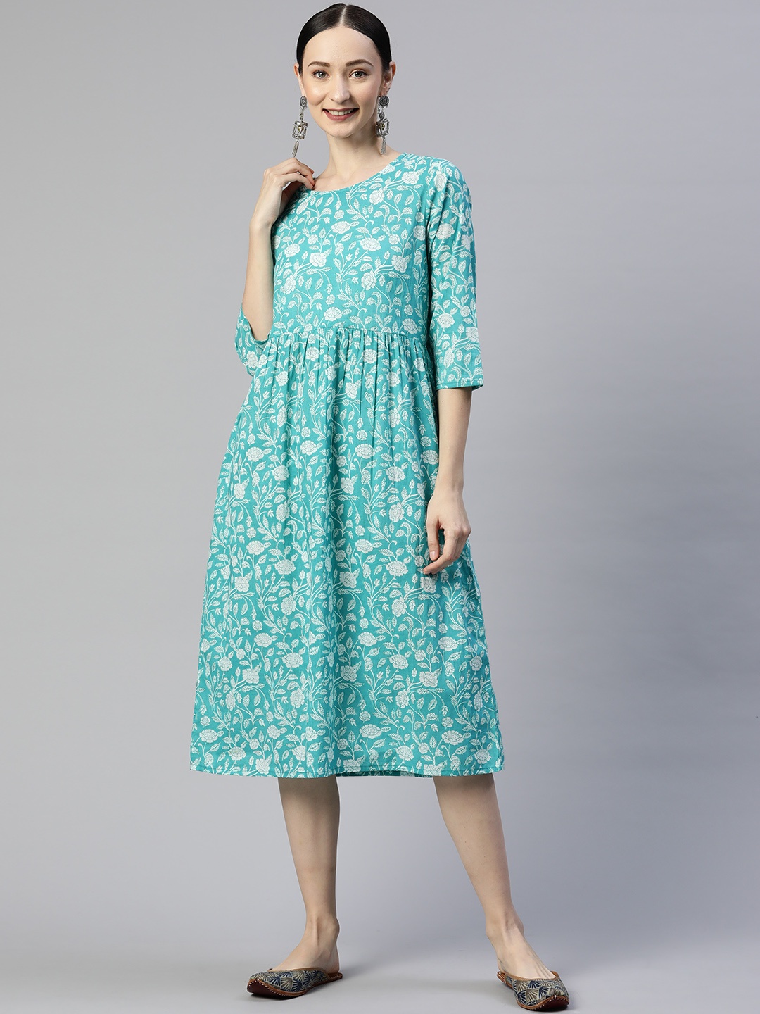 

Popnetic Blue & White Floral Print Ethnic Midi A-Line Dress, Turquoise blue