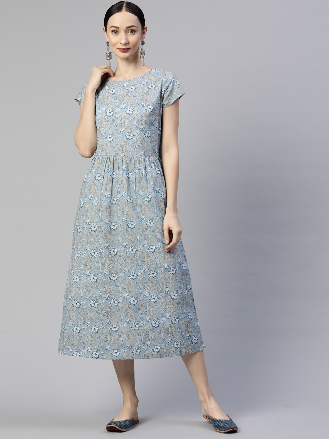 

Popnetic Blue & Grey Floral Print Ethnic Midi A-Line Dress