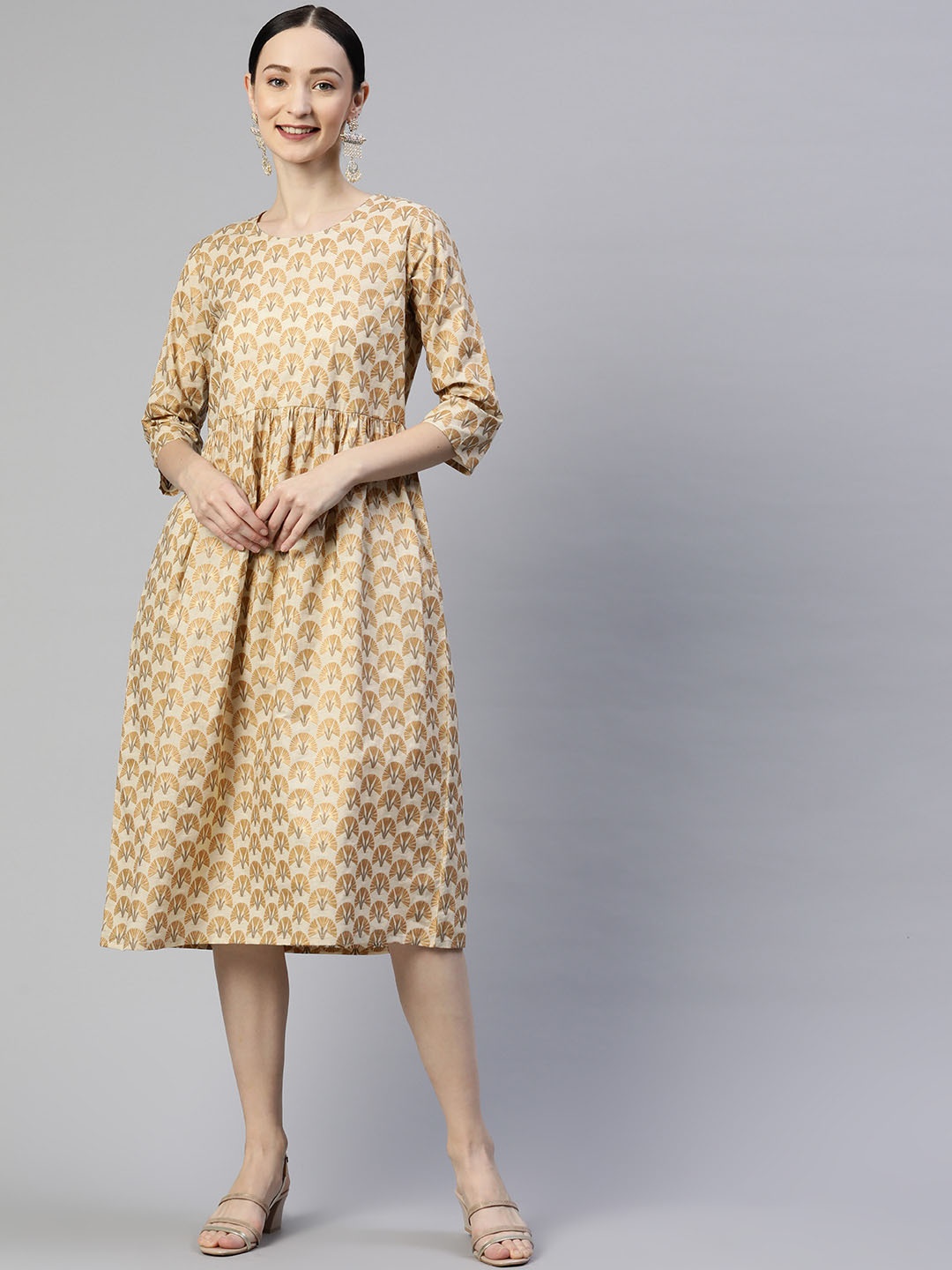 

Popnetic Cream & Mustard Ethnic Motifs Print A-Line Midi Dress