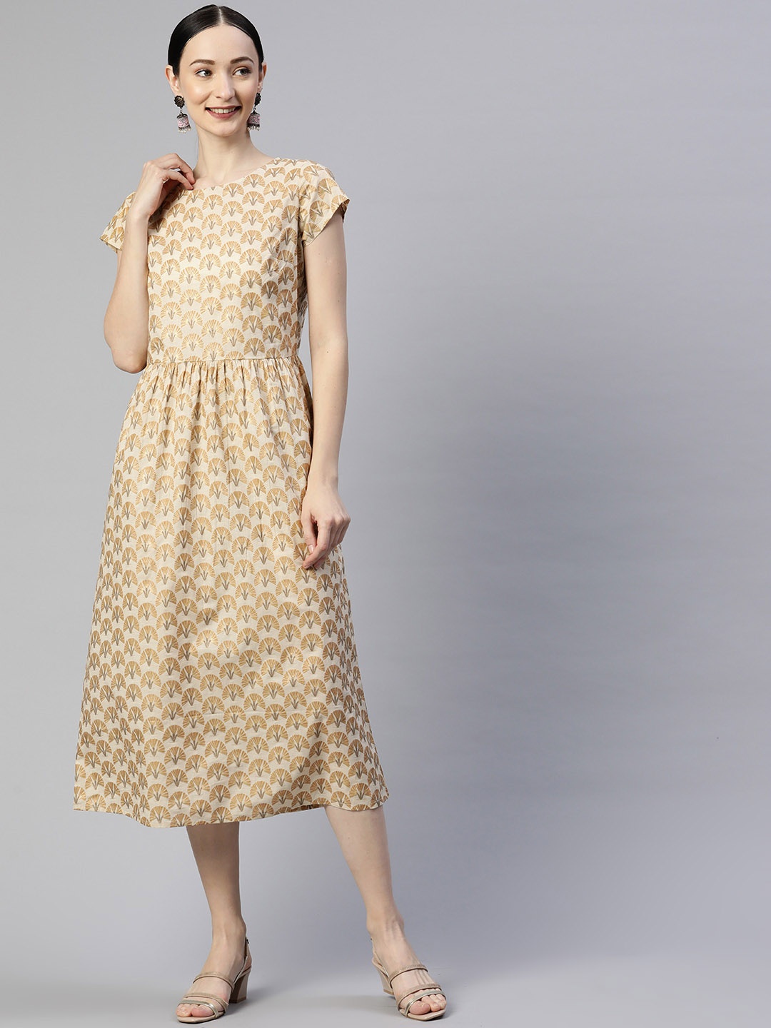 

Popnetic Cream & Mustard Ethnic Motifs Print A-Line Midi Dress