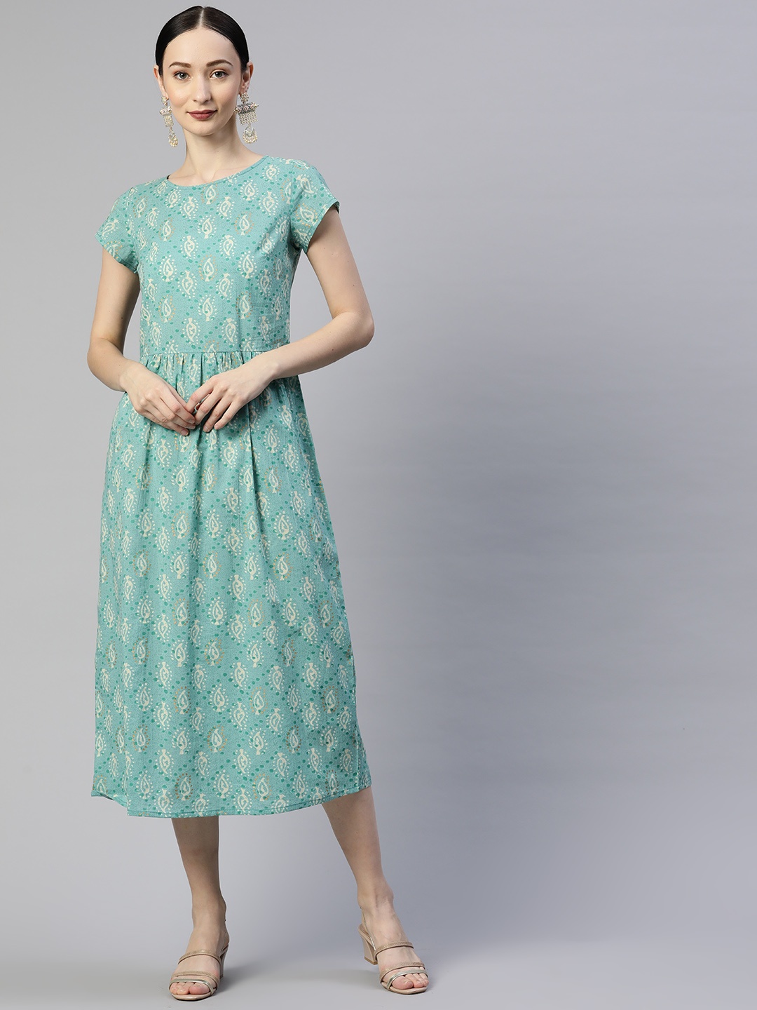 

Popnetic Green & White Ethnic Motifs Print A-Line Midi Dress