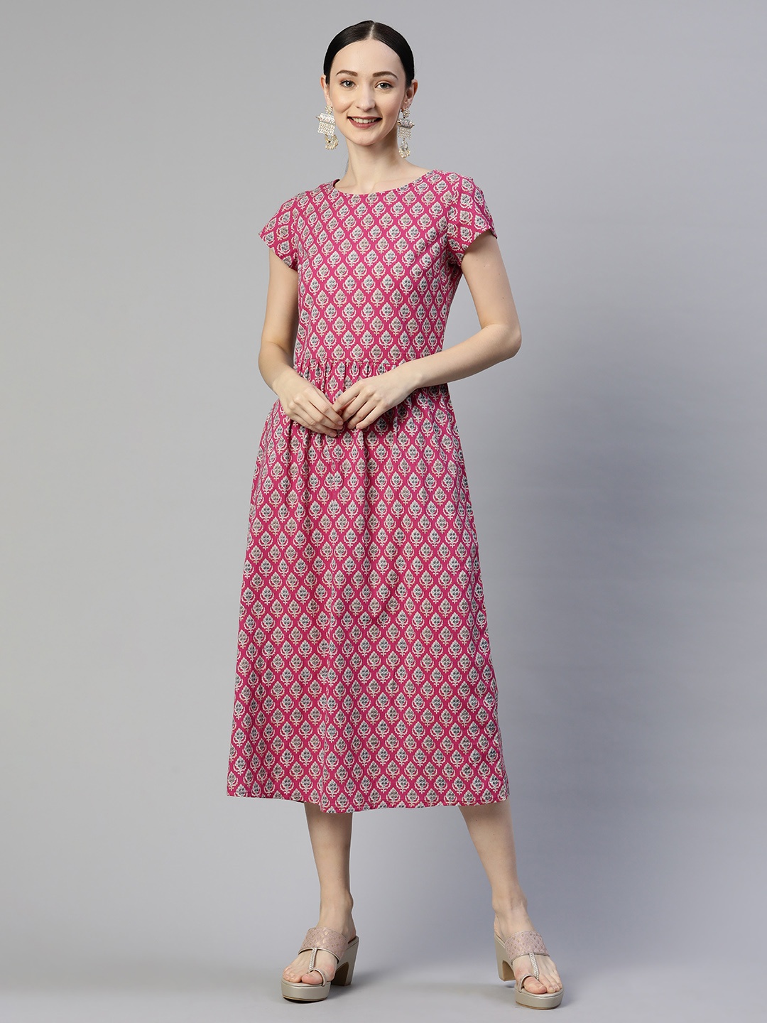 

Popnetic Pink & White Ethnic Motifs Print Midi A-Line Dress