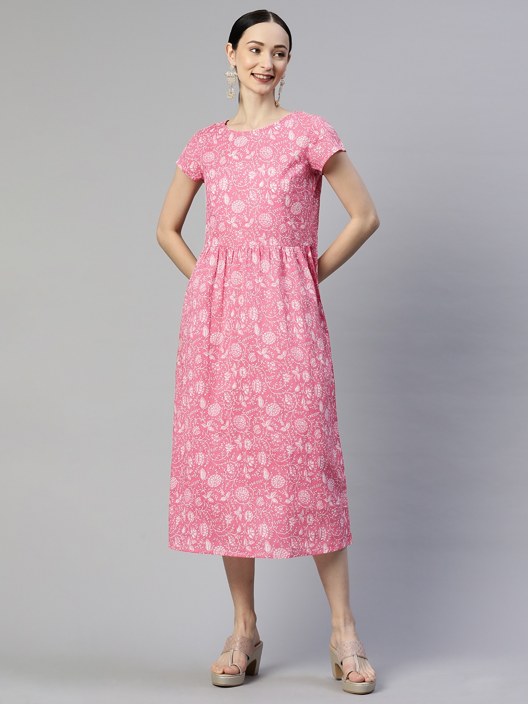 

Popnetic Pink & White Floral Print Midi A-Line Dress