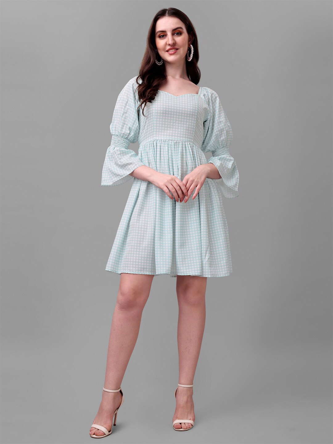 

Masakali.Co Sea Green & White Checked Fit & Flare Dress