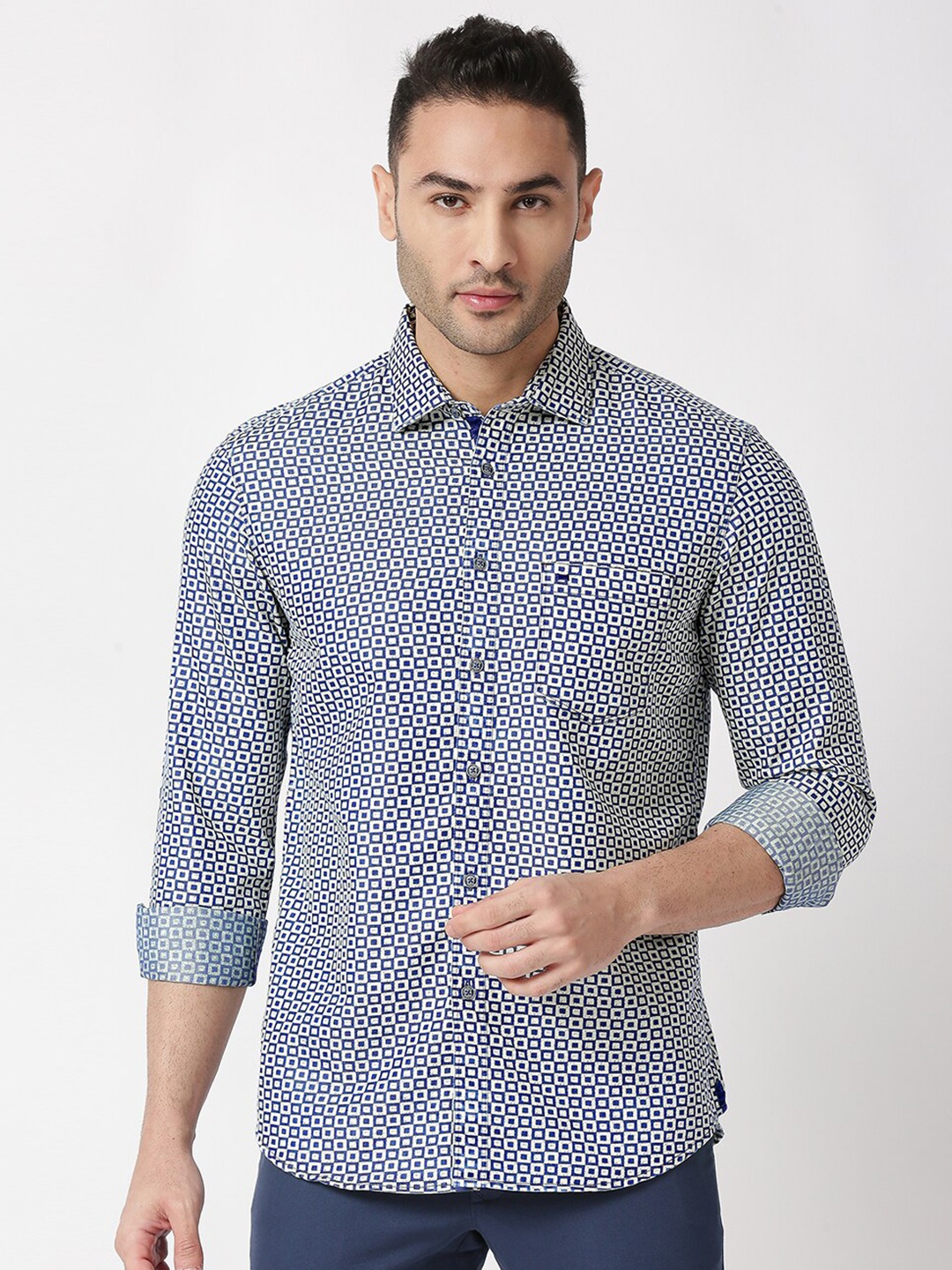 

Basics Men Navy Blue & White Printed Slim Fit Casual Shirt