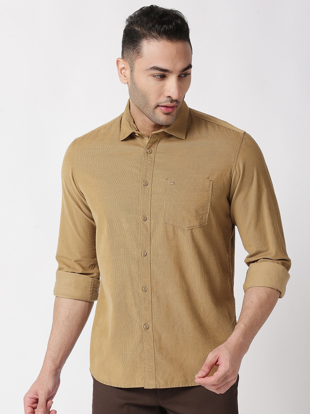 

Basics Men Self Design Pure Cotton Casual Shirt, Khaki