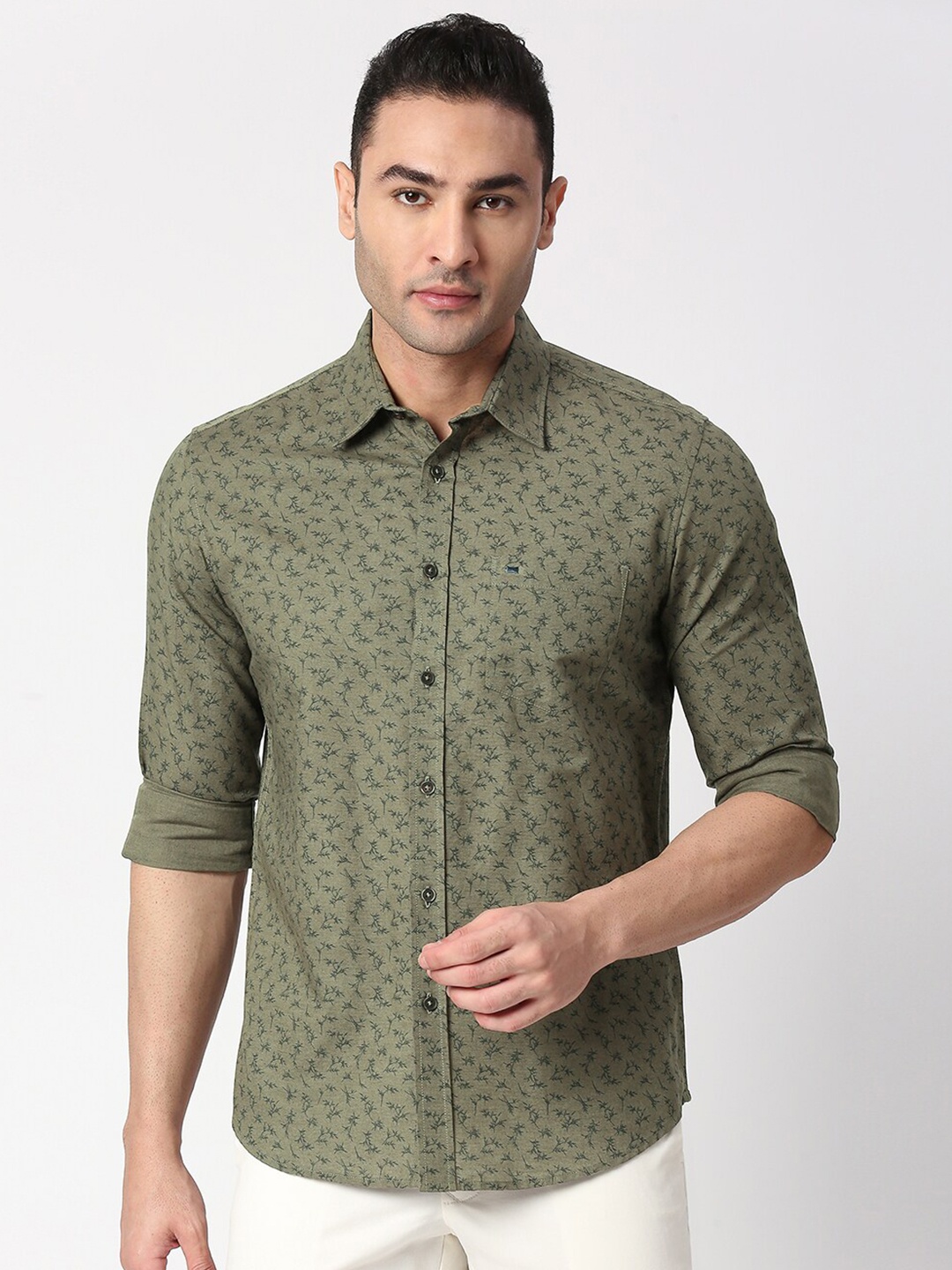 

Basics Men Printed Cotton Linen Casual Shirt, Olive