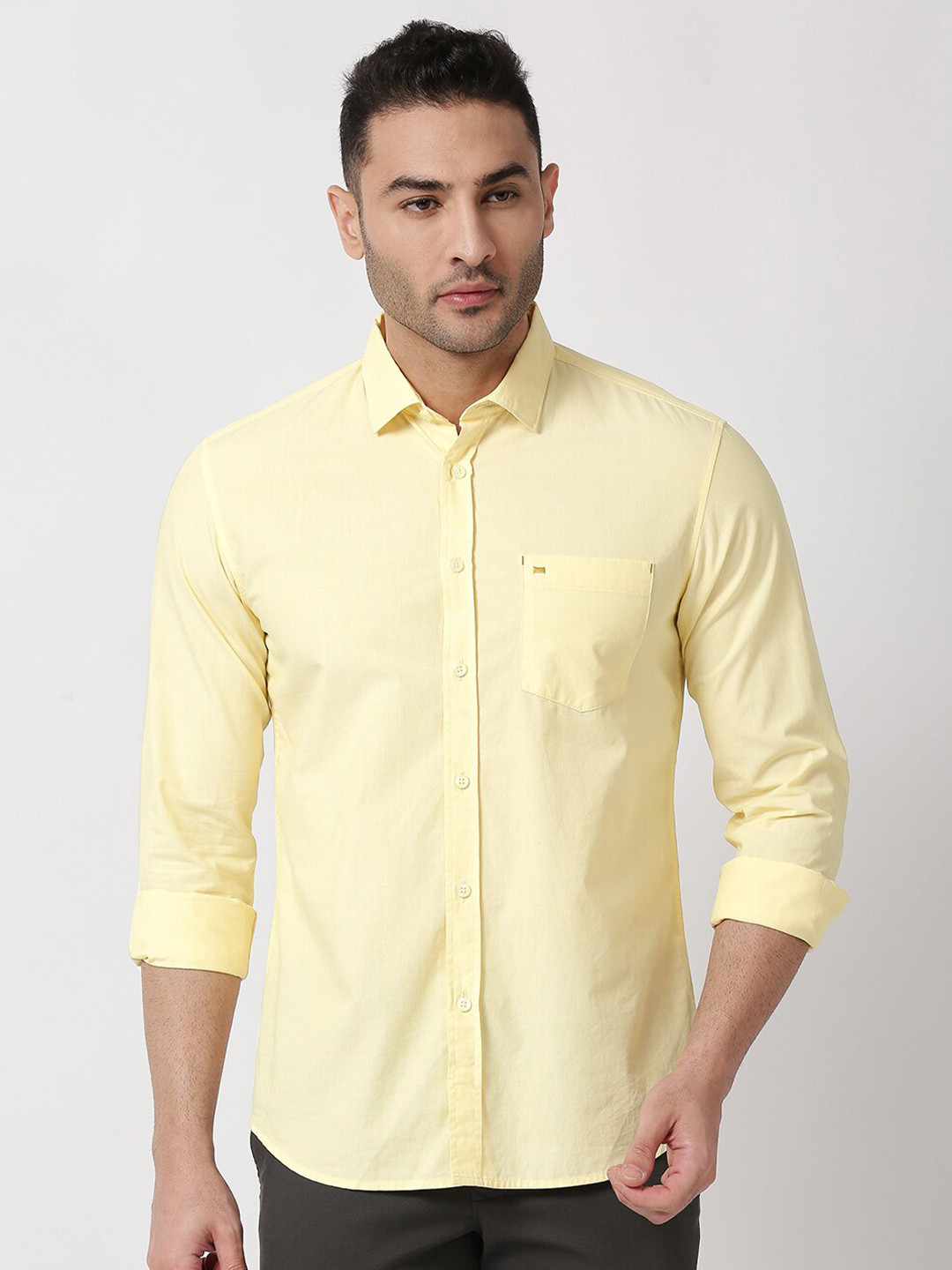 

Basics Men Yellow Solid Pure Cotton Casual Shirt