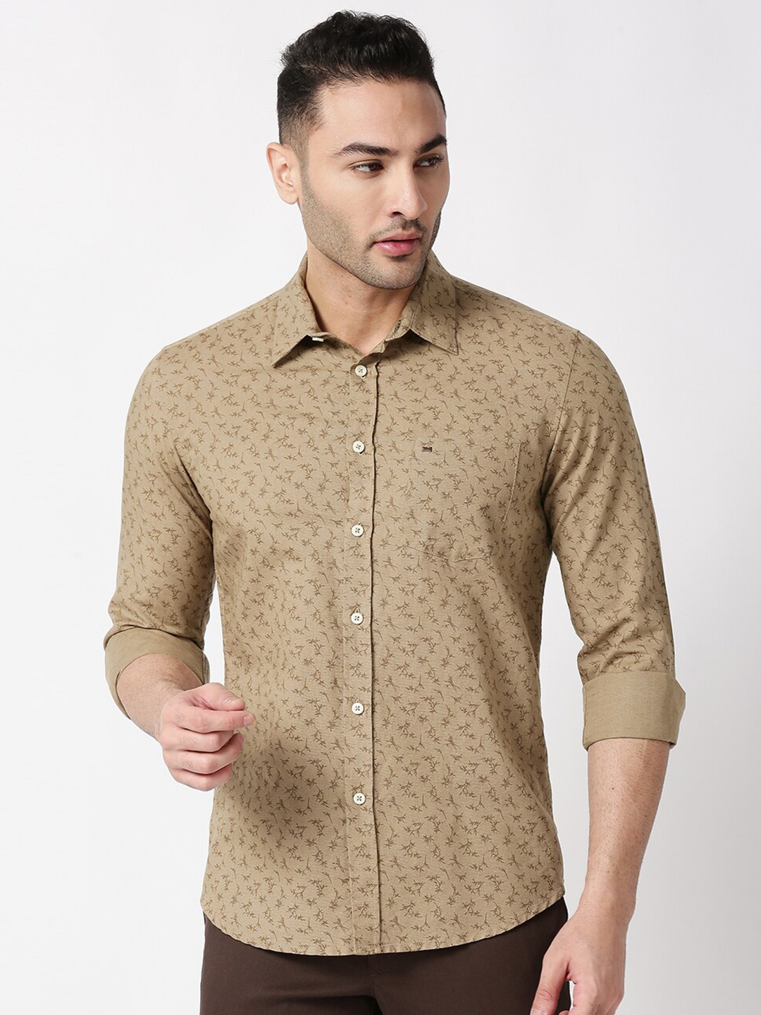 

Basics Men Khaki Printed Cotton Linen Casual Shirt