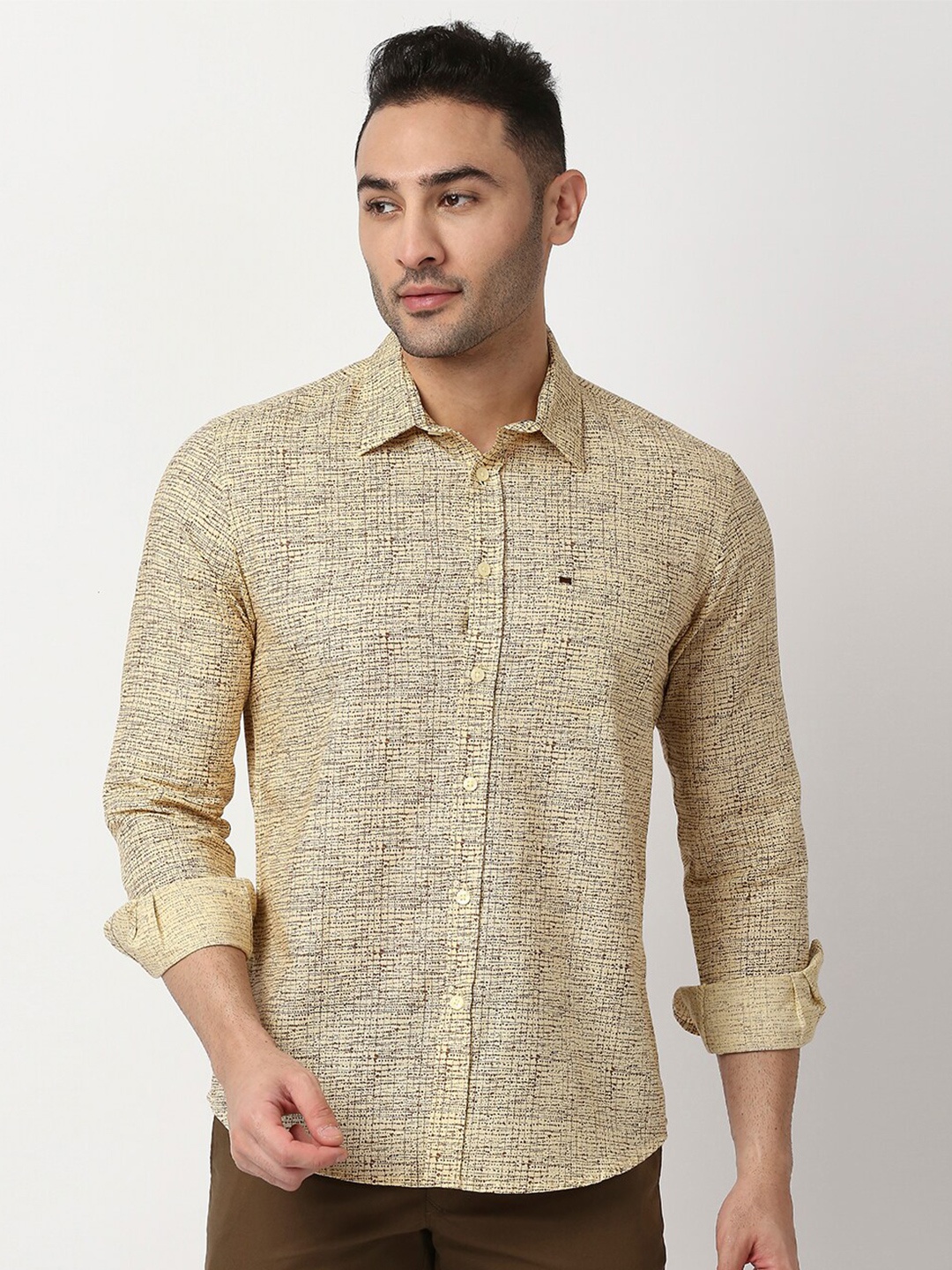 

Basics Men Beige Printed Cotton Linen Casual Shirt