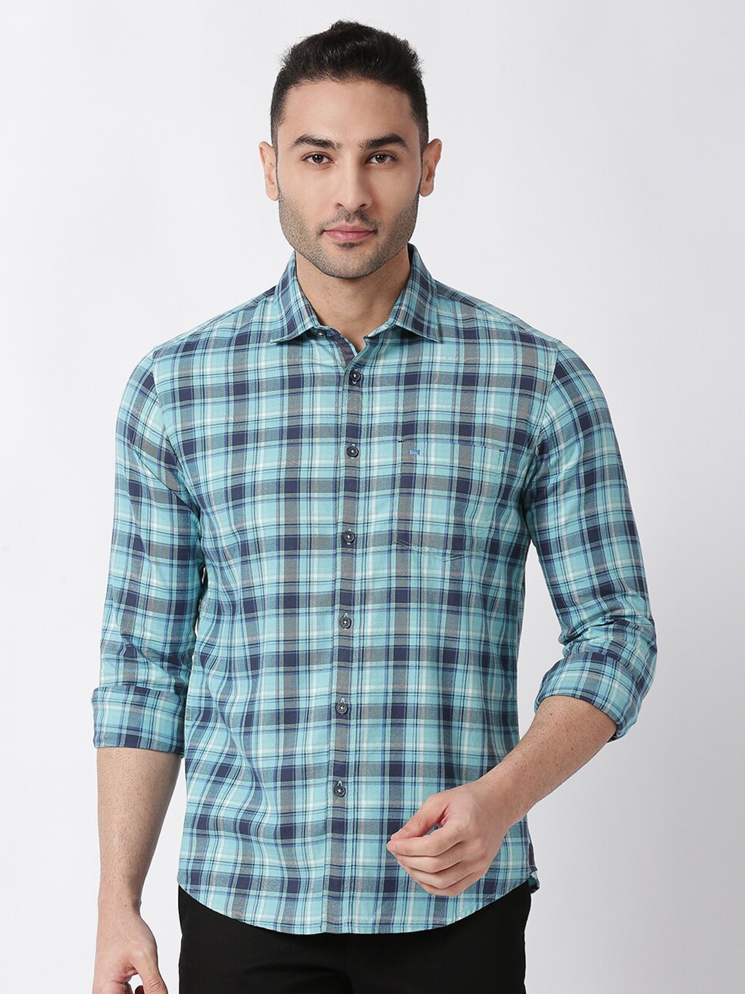 

Basics Men Turquoise Blue & Grey Checked Pure Cotton Casual Shirt