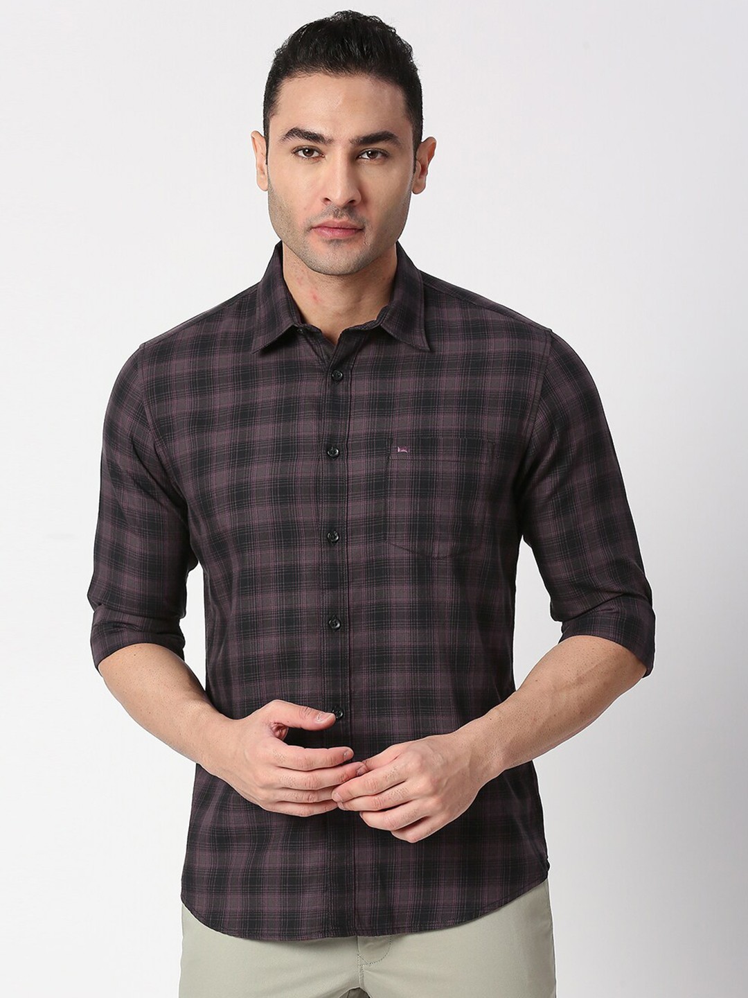 

Basics Men Purple & Black Checked Pure Cotton Casual Shirt