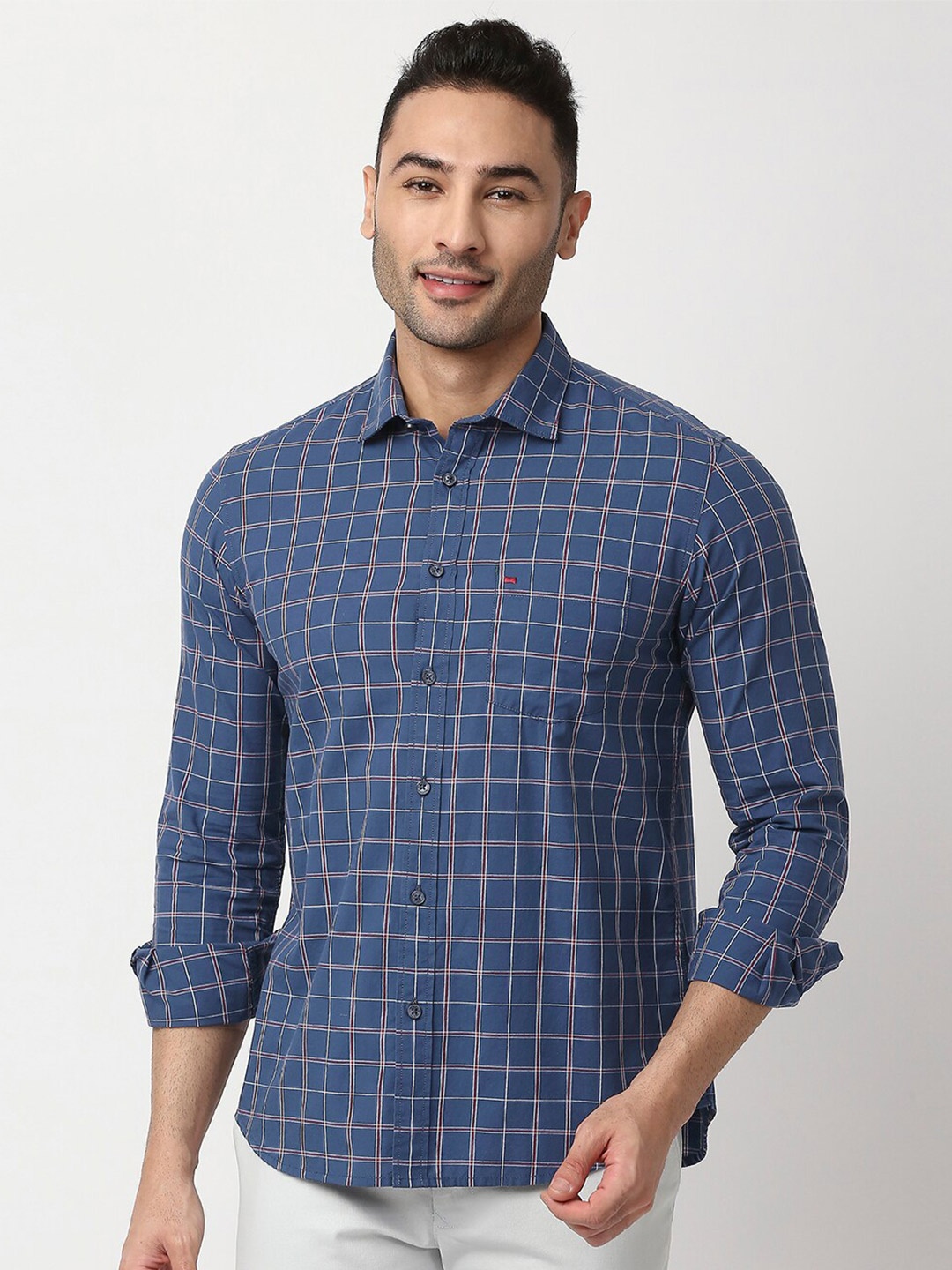 

Basics Men Navy Blue & White Checked Pure Cotton Casual Shirt