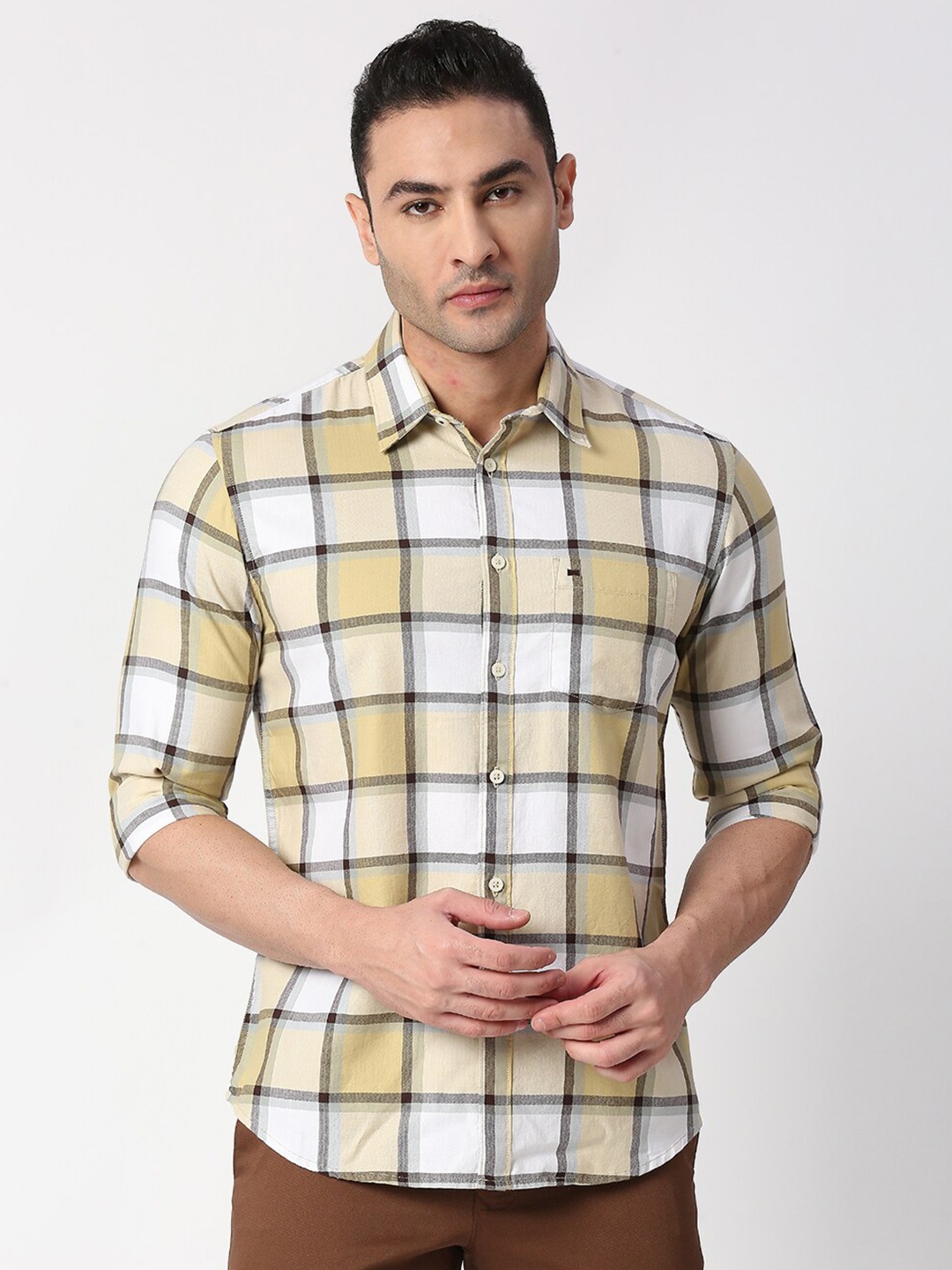 

Basics Men Khaki & White Checked Pure Cotton Casual Shirt