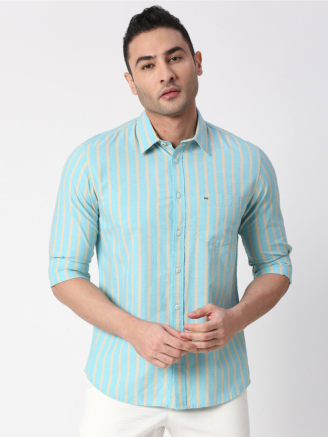 

Basics Men Blue Slim Fit Striped Cotton Casual Shirt