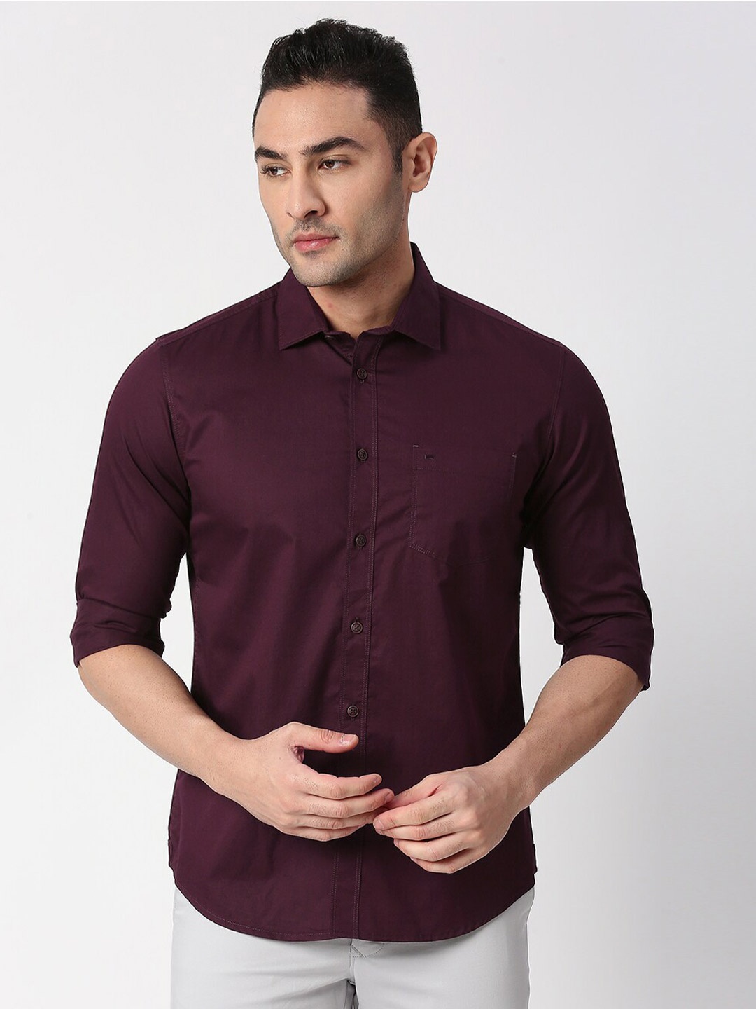 

Basics Men Burgundy Slim Fit Cotton Casual Shirt