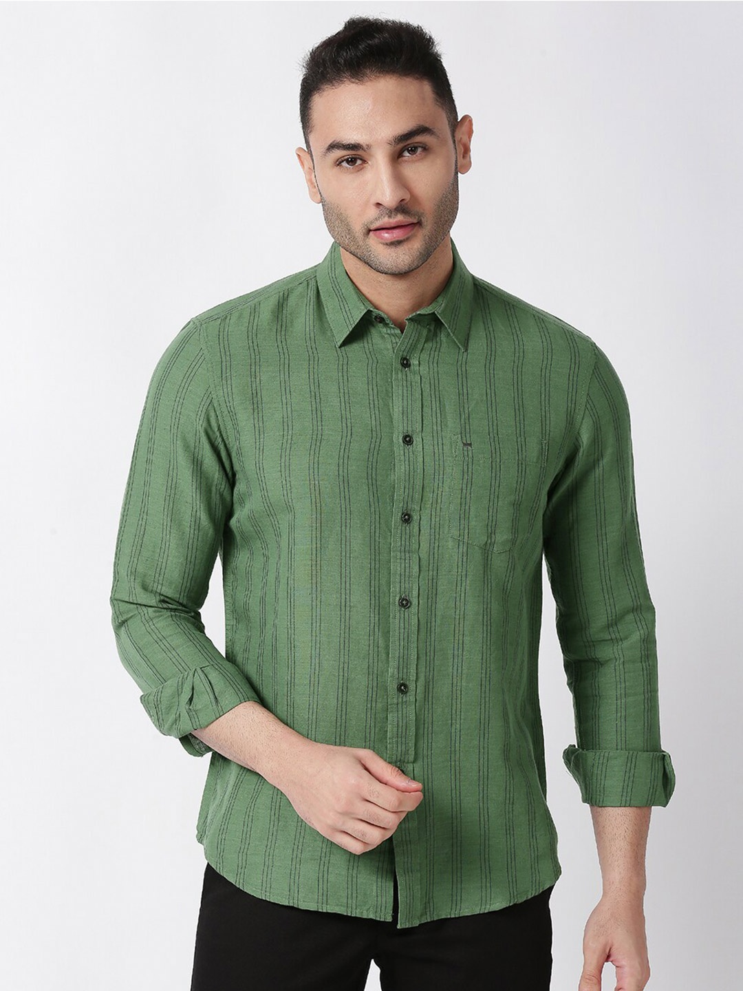 

Basics Men Slim Fit Striped Cotton Casual Shirt, Green