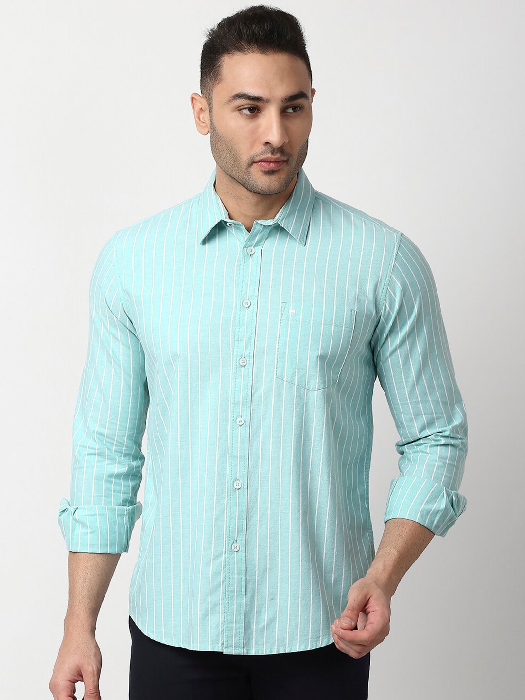

Basics Men Green Slim Fit Striped Cotton Casual Shirt
