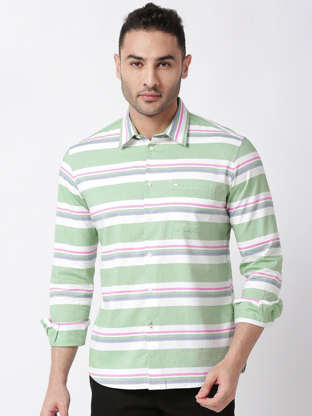 

Basics Men Green Slim Fit Horizontal Striped Cotton Casual Shirt