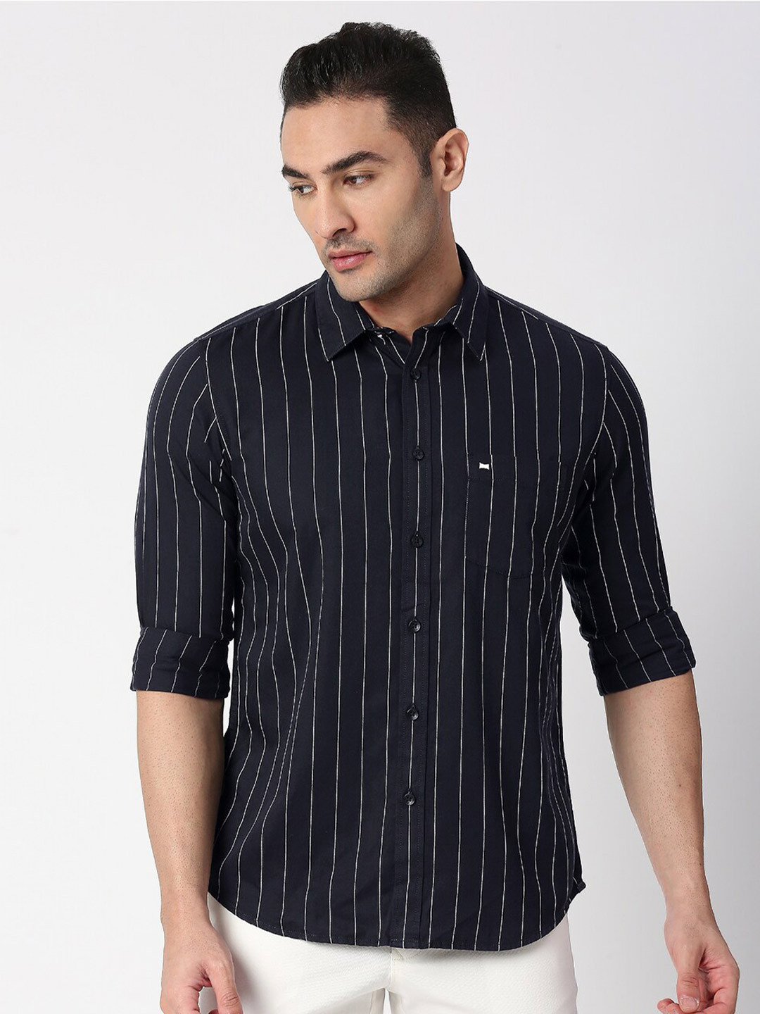 

Basics Men Slim Fit Striped Cotton Casual Shirt, Black